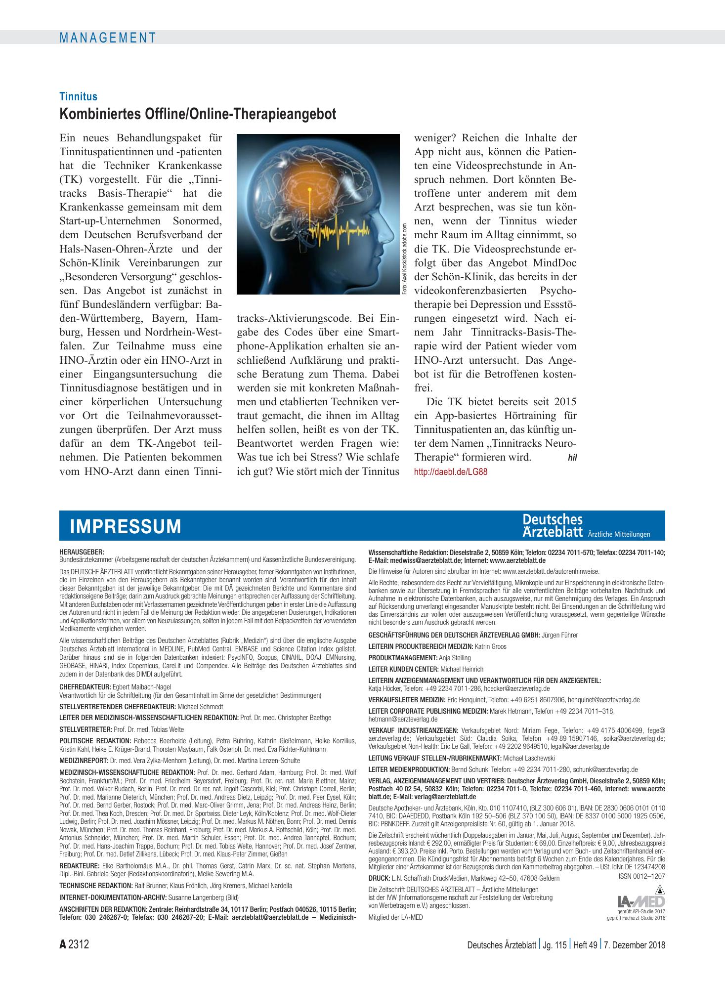 Vorschauseite 1: Tinnitus: Kombiniertes Offline/Online-Therapieangebot – Deutsches Ärzteblatt