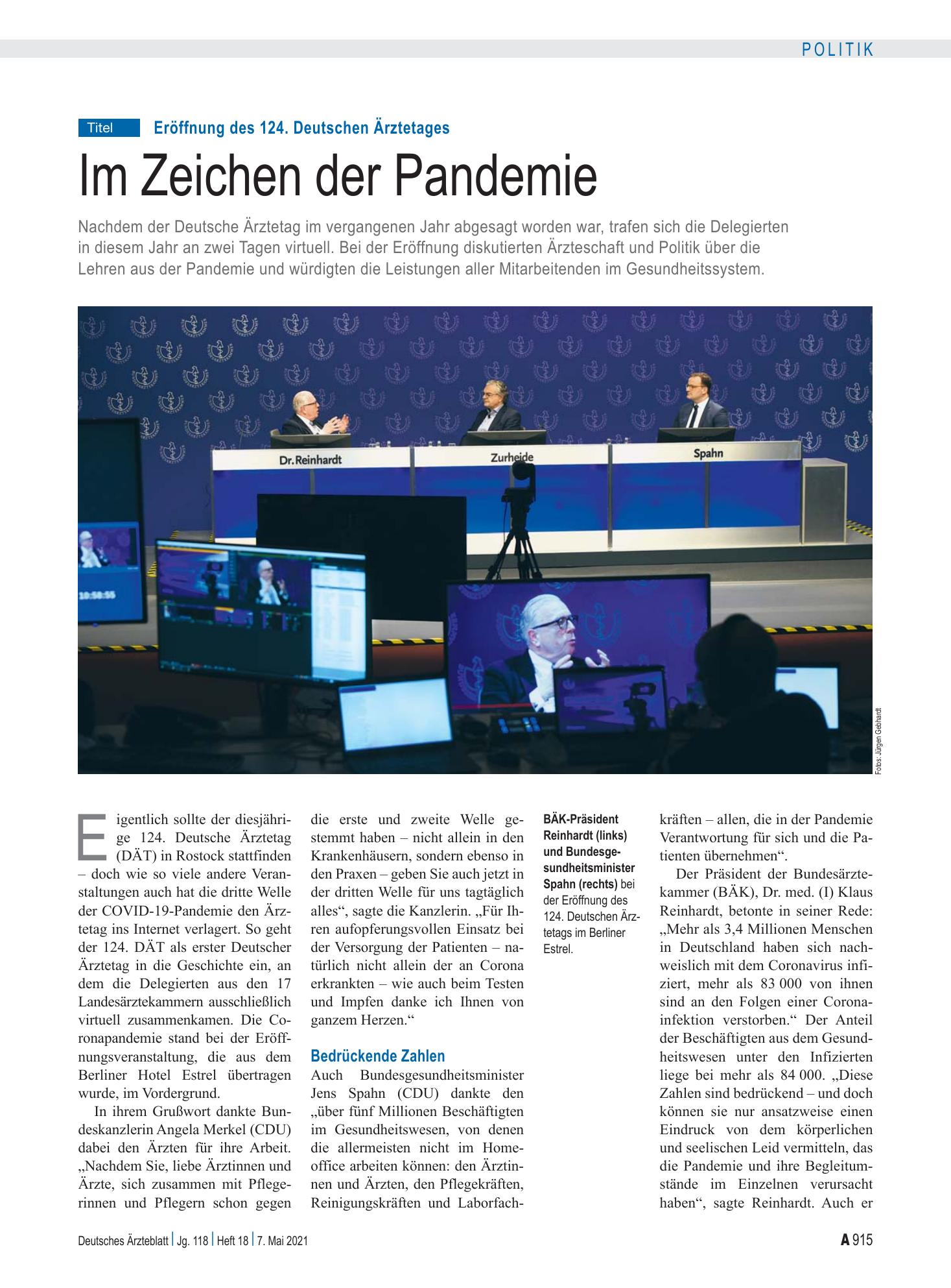 Vorschauseite 1: Eröffnung des 124. Deutschen Ärztetages: Im Zeichen der Pandemie – Deutsches Ärzteblatt