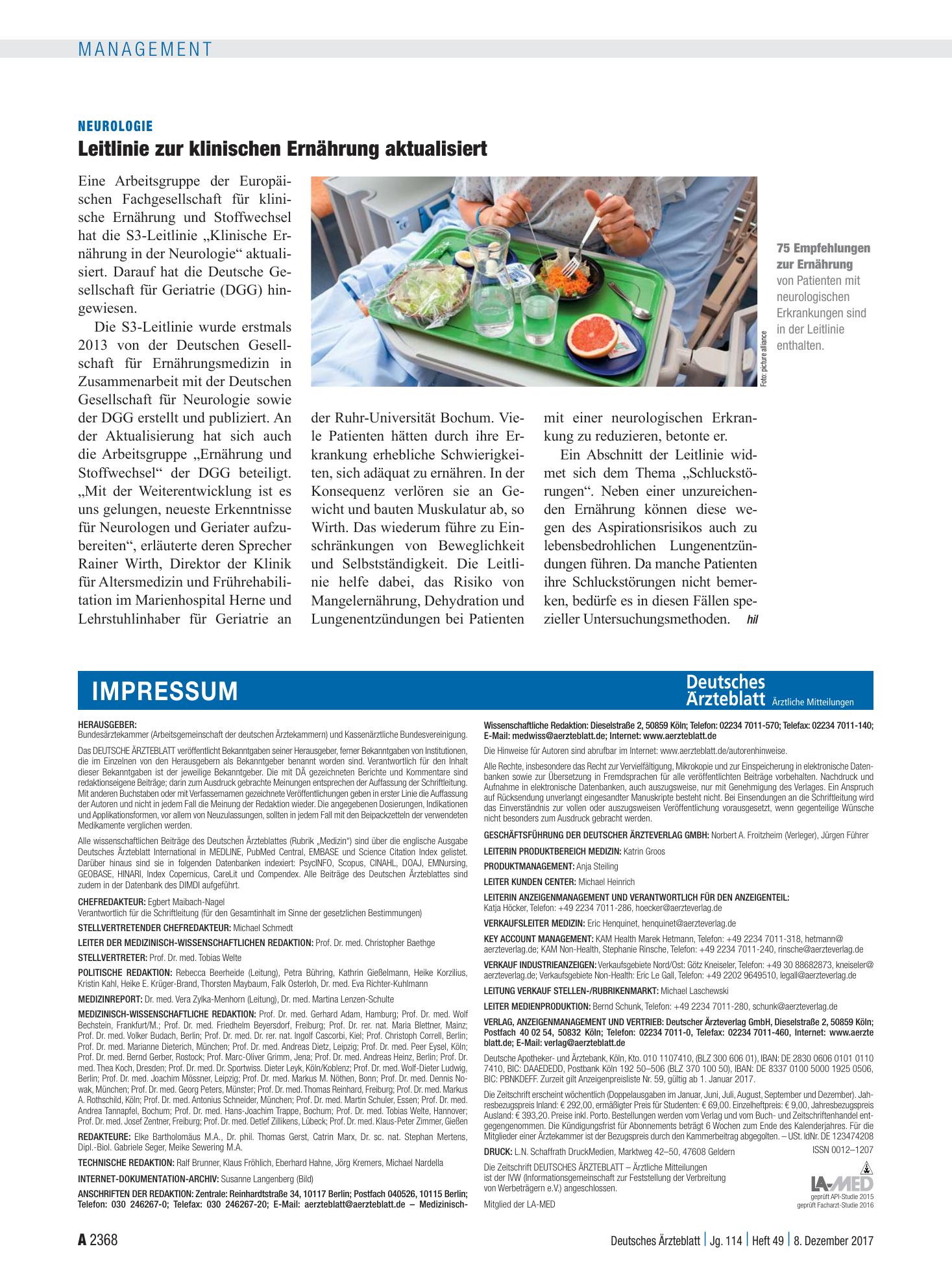 Vorschauseite 1: Neurologie: Leitlinie zur klinischen Ernährung aktualisiert – Deutsches Ärzteblatt