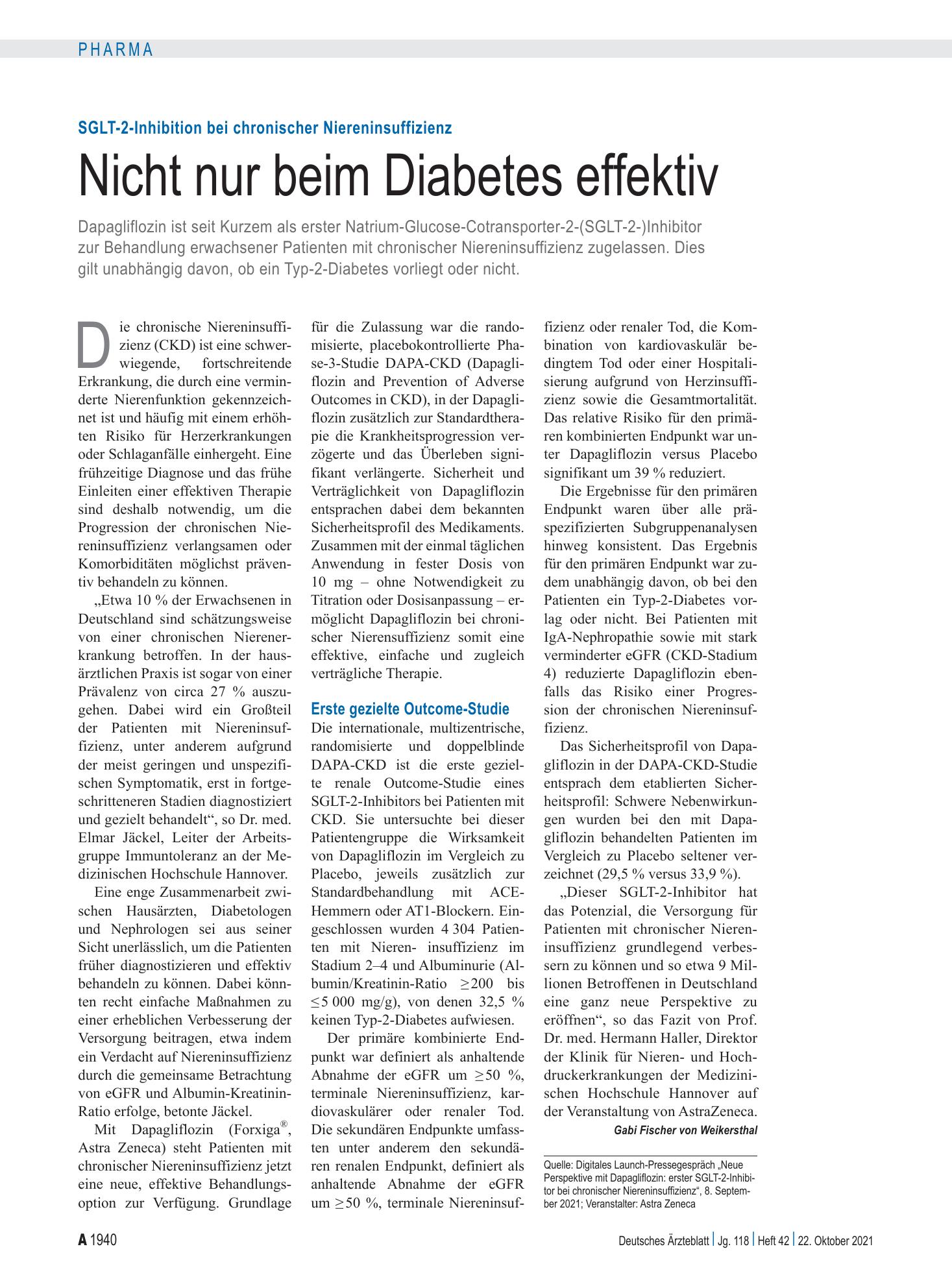 Vorschauseite 1: SGLT-2-Inhibition bei chronischer Niereninsuffizienz: Nicht nur beim Diabetes effektiv – Deutsches Ärzteblatt