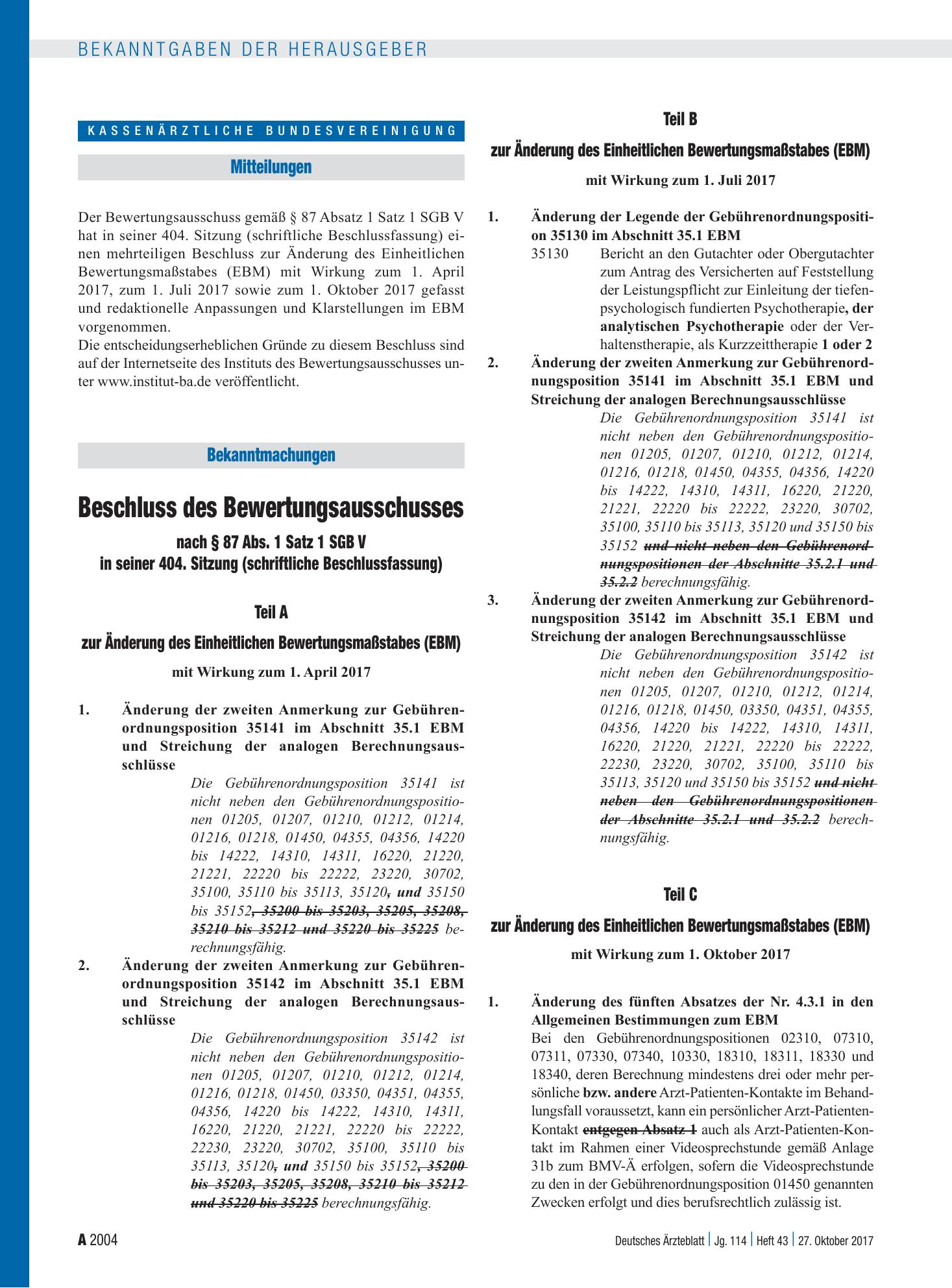 Vorschauseite 1: Beschluss des Bewertungsausschusses nach § 87 Abs. 1 Satz 1 SGB V in seiner 404. Sitzung (schriftliche Beschlussfassung) – Deutsches Ärzteblatt