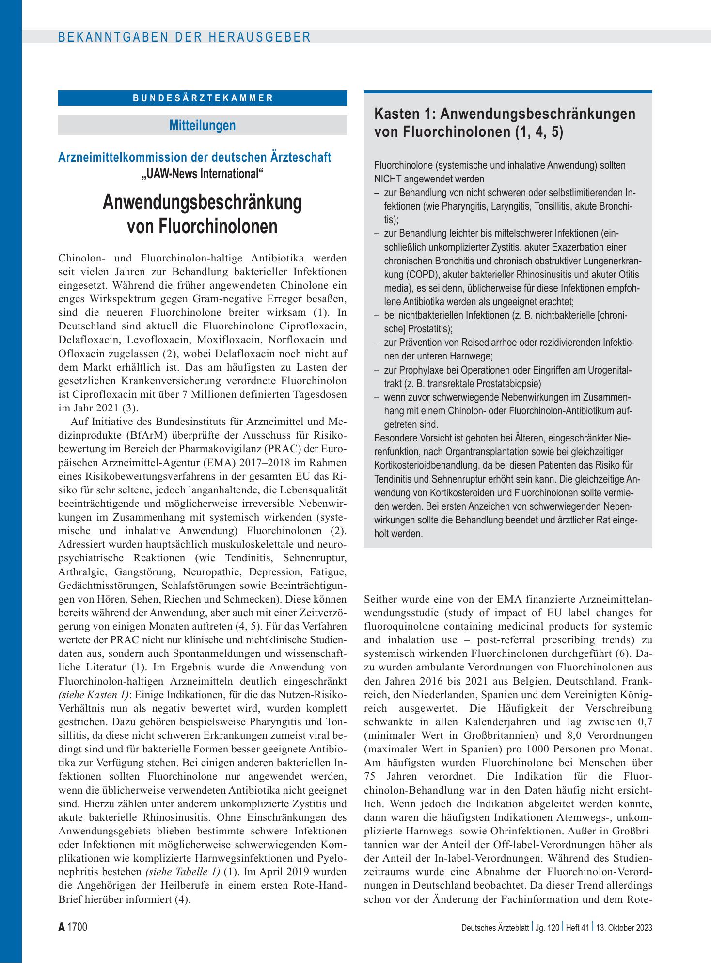 Vorschauseite 1: Arzneimittelkommission der deutschen Ärzteschaft: „UAW-News International“ — Anwendungsbeschränkung von Fluorchinolonen Literatur – Deutsches Ärzteblatt