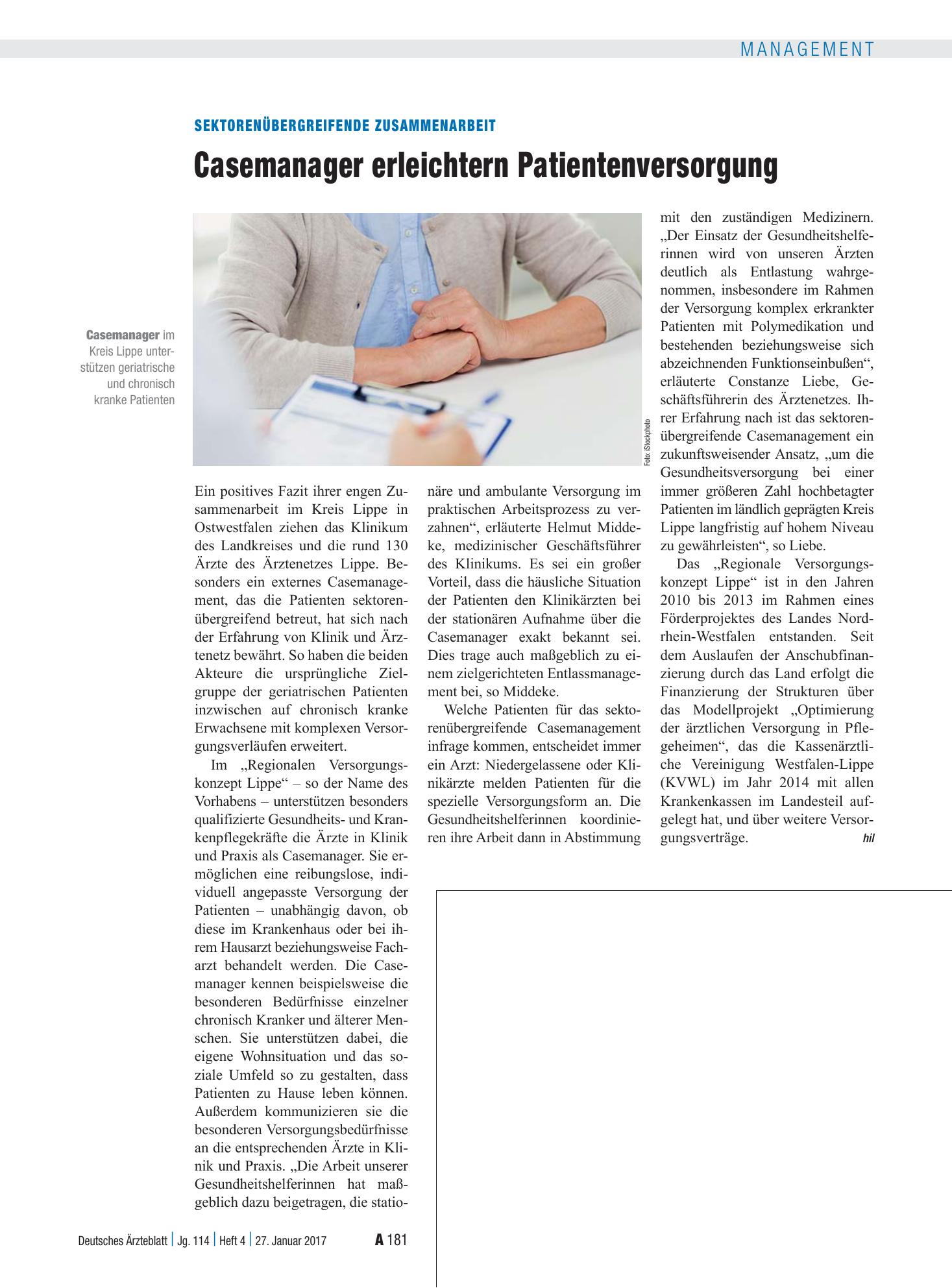 Vorschauseite 1: Sektorenübergreifende Zusammenarbeit: Casemanager erleichtern Patientenversorgung – Deutsches Ärzteblatt