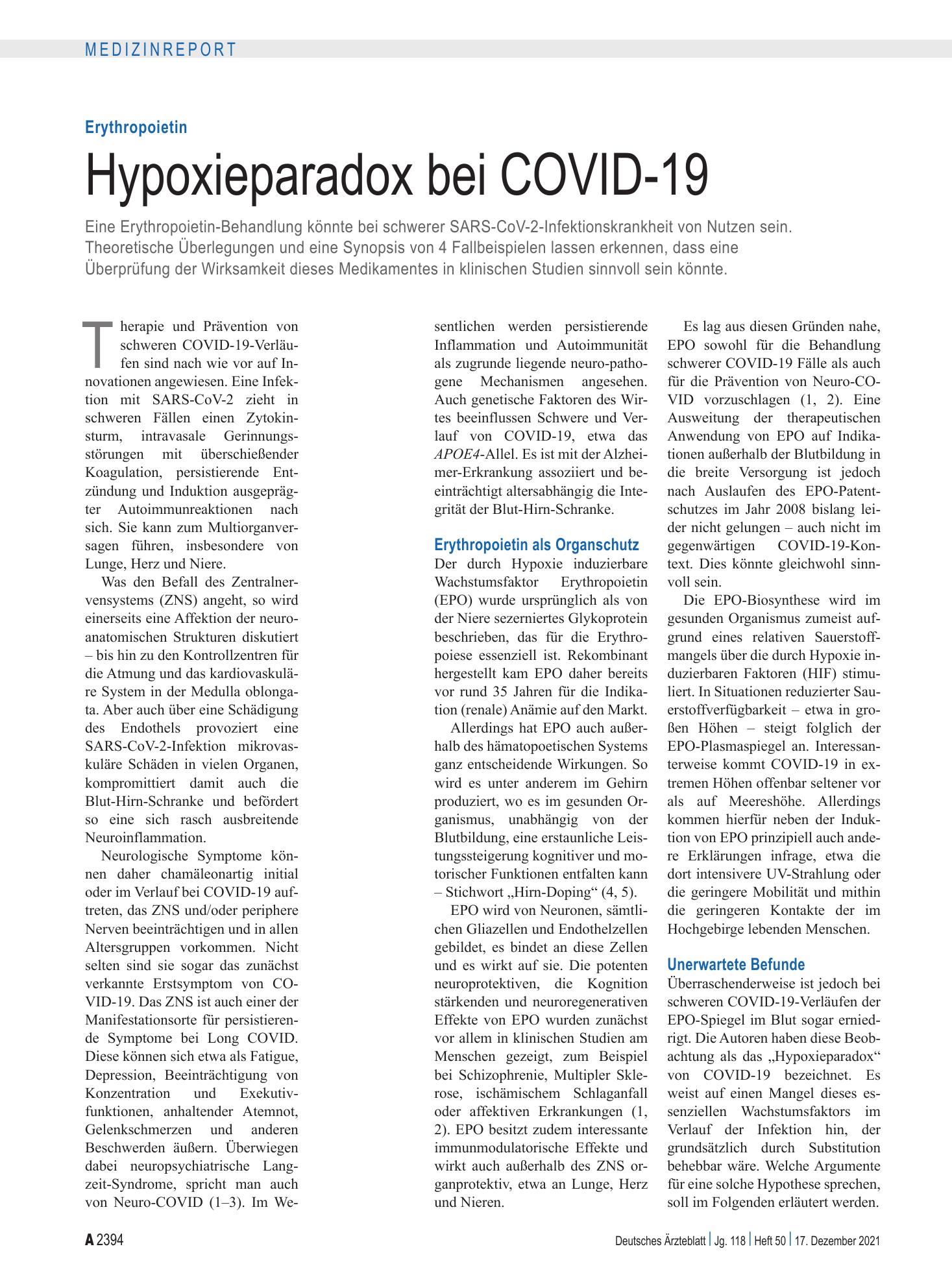 Vorschauseite 1: Erythropoietin: Hypoxieparadox bei COVID-19 – Deutsches Ärzteblatt