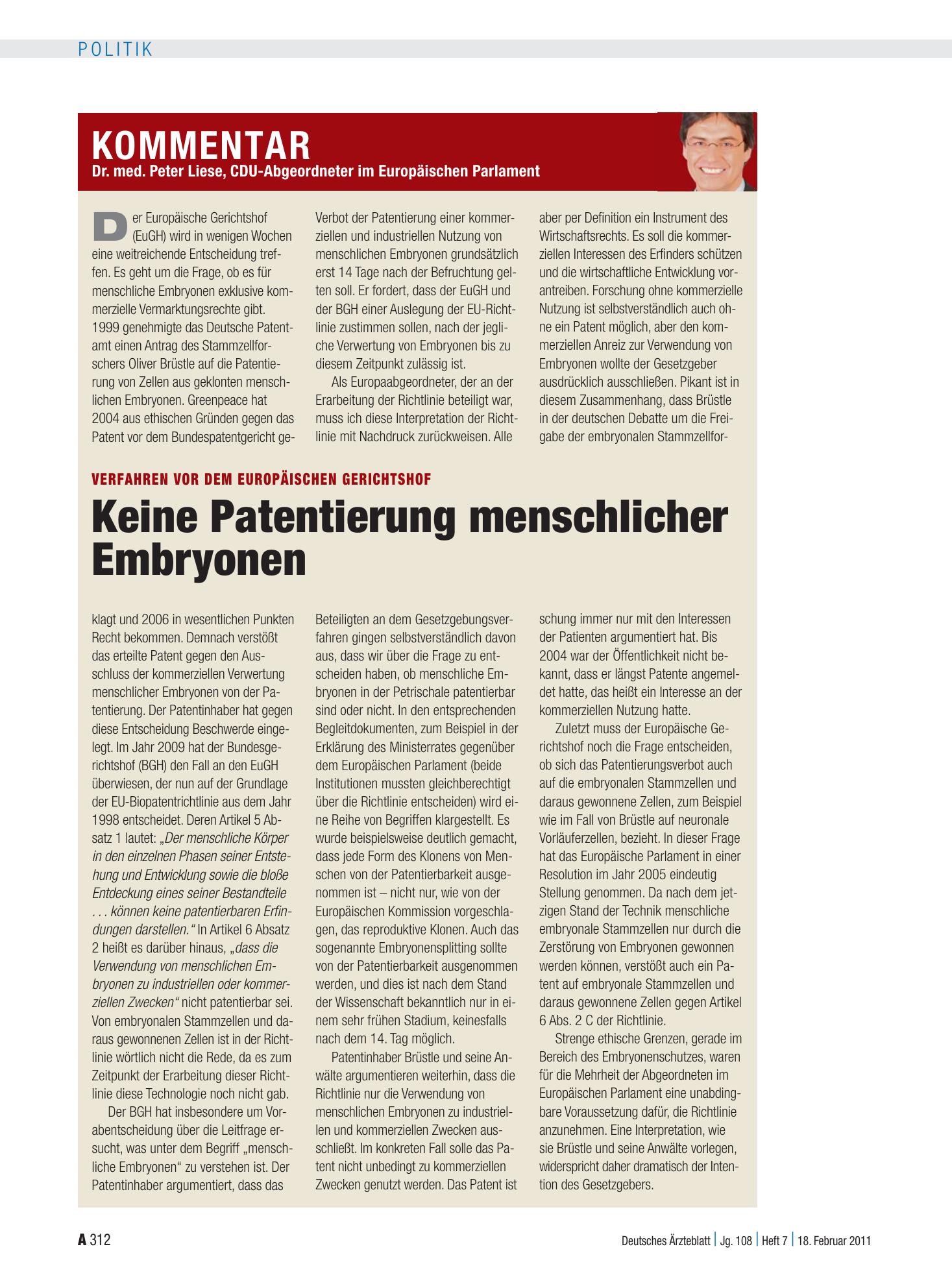 Vorschauseite 1: Verfahren vor dem Europäischen Gerichtshof: Keine Patentierung menschlicher Embryonen – Deutsches Ärzteblatt