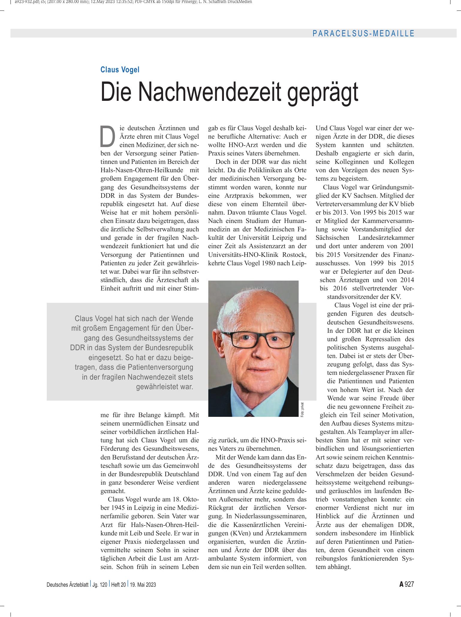 Vorschauseite 1: Claus Vogel: Die Nachwendezeit geprägt – Deutsches Ärzteblatt
