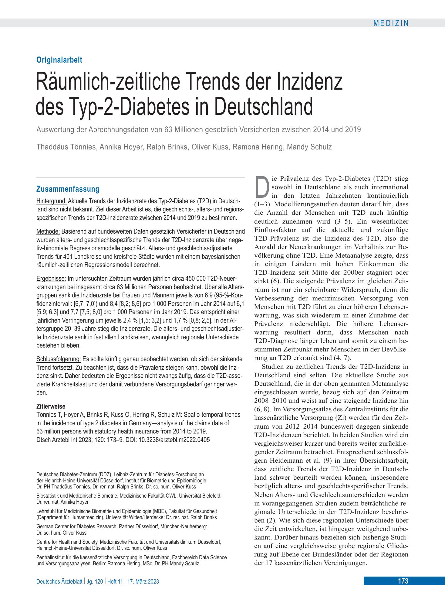 Vorschauseite 1: Räumlich-zeitliche Trends der Inzidenz des Typ-2-Diabetes in Deutschland – Deutsches Ärzteblatt