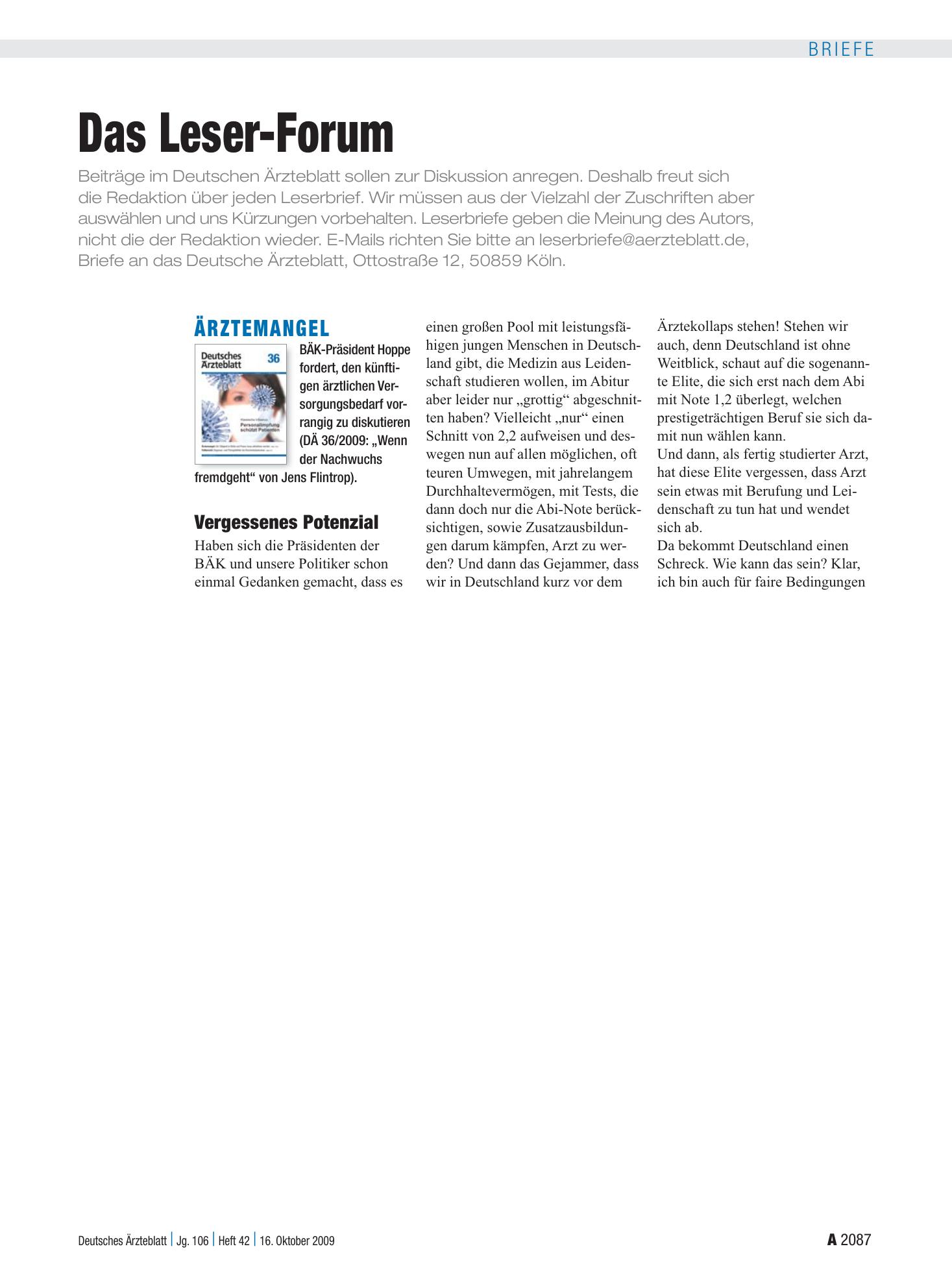 Vorschauseite 1: Ärztemangel: Vergessenes Potenzial – Deutsches Ärzteblatt