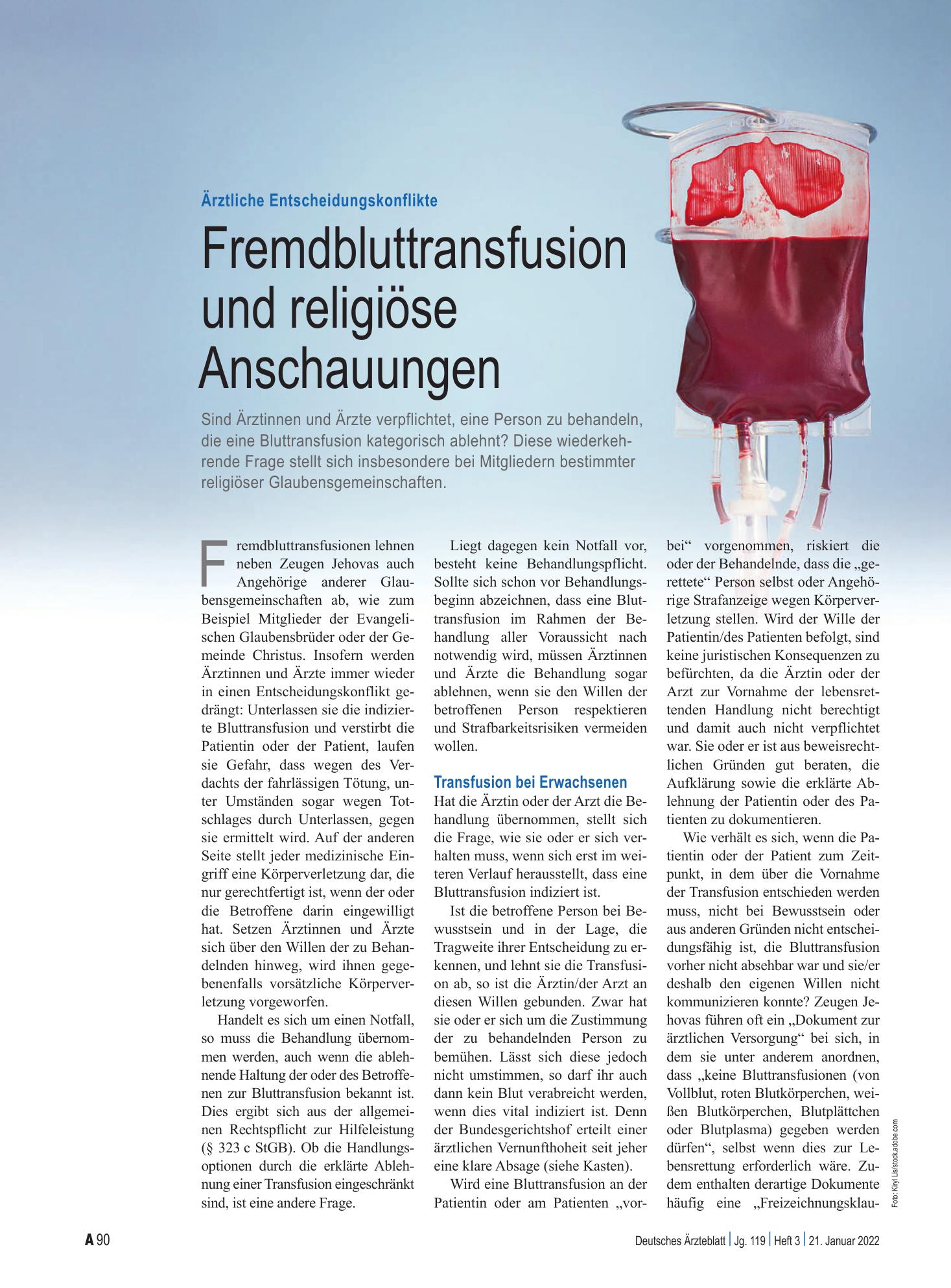 Vorschauseite 1: Ärztliche Entscheidungskonflikte: Fremdbluttransfusion und religiöse Anschauungen – Deutsches Ärzteblatt