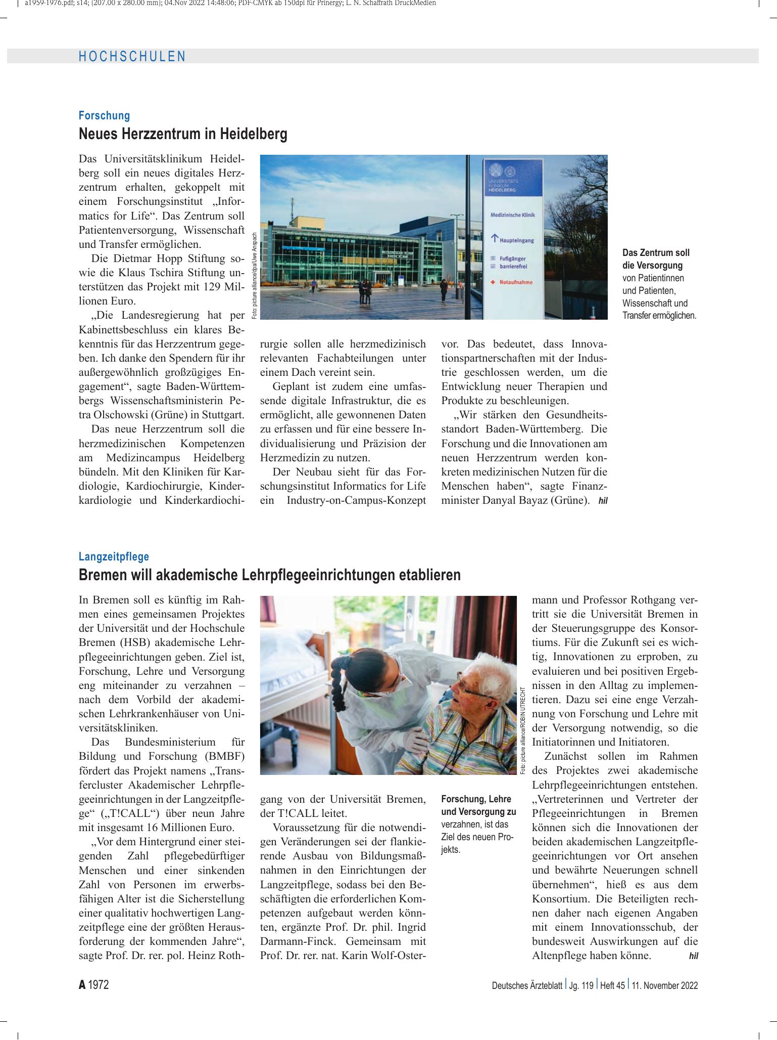 Vorschauseite 1: Forschung: Neues Herzzentrum in Heidelberg – Deutsches Ärzteblatt