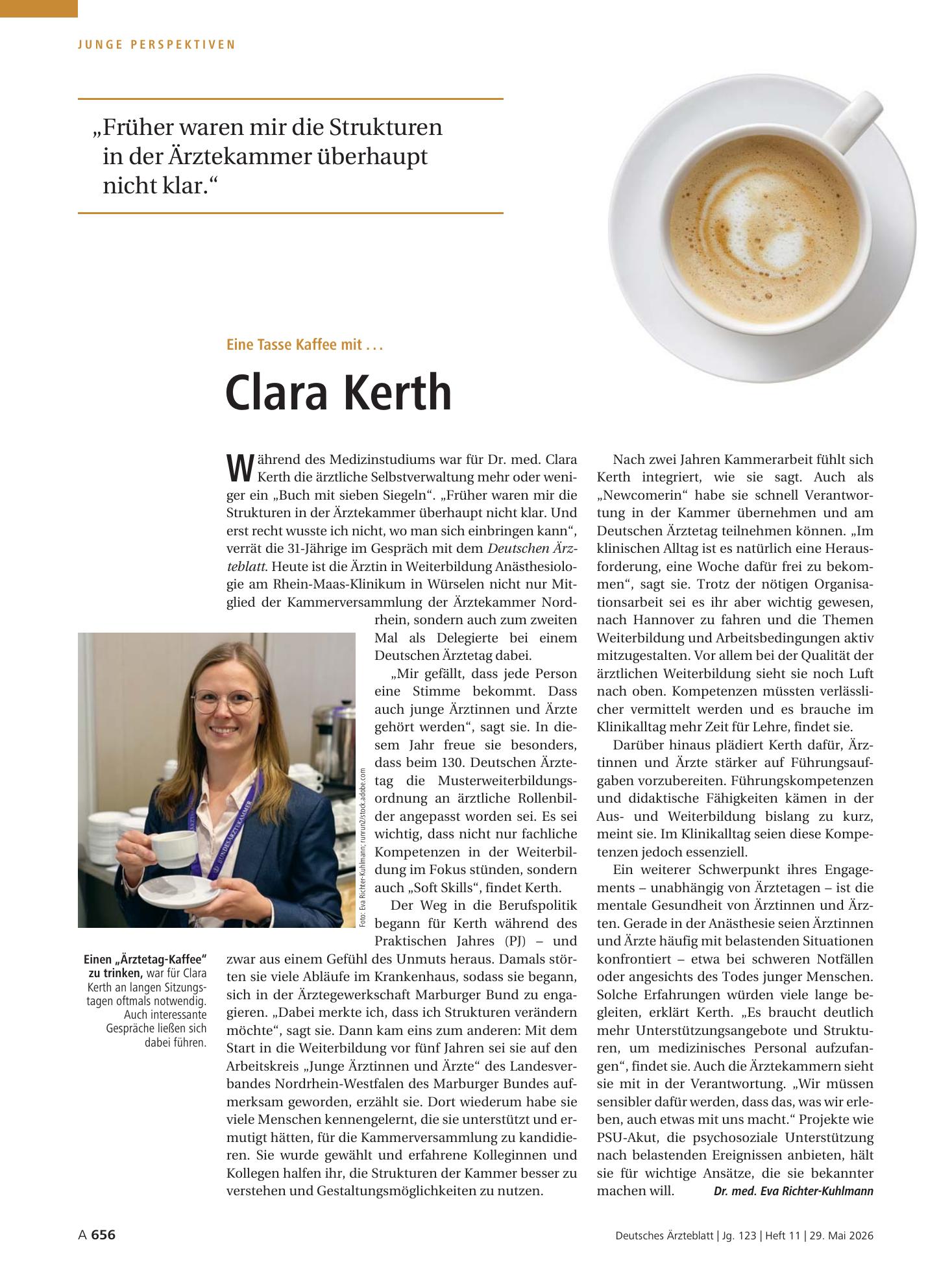 Vorschauseite 1: Eine Tasse Kaffee mit . . . Clara Kerth – Deutsches Ärzteblatt