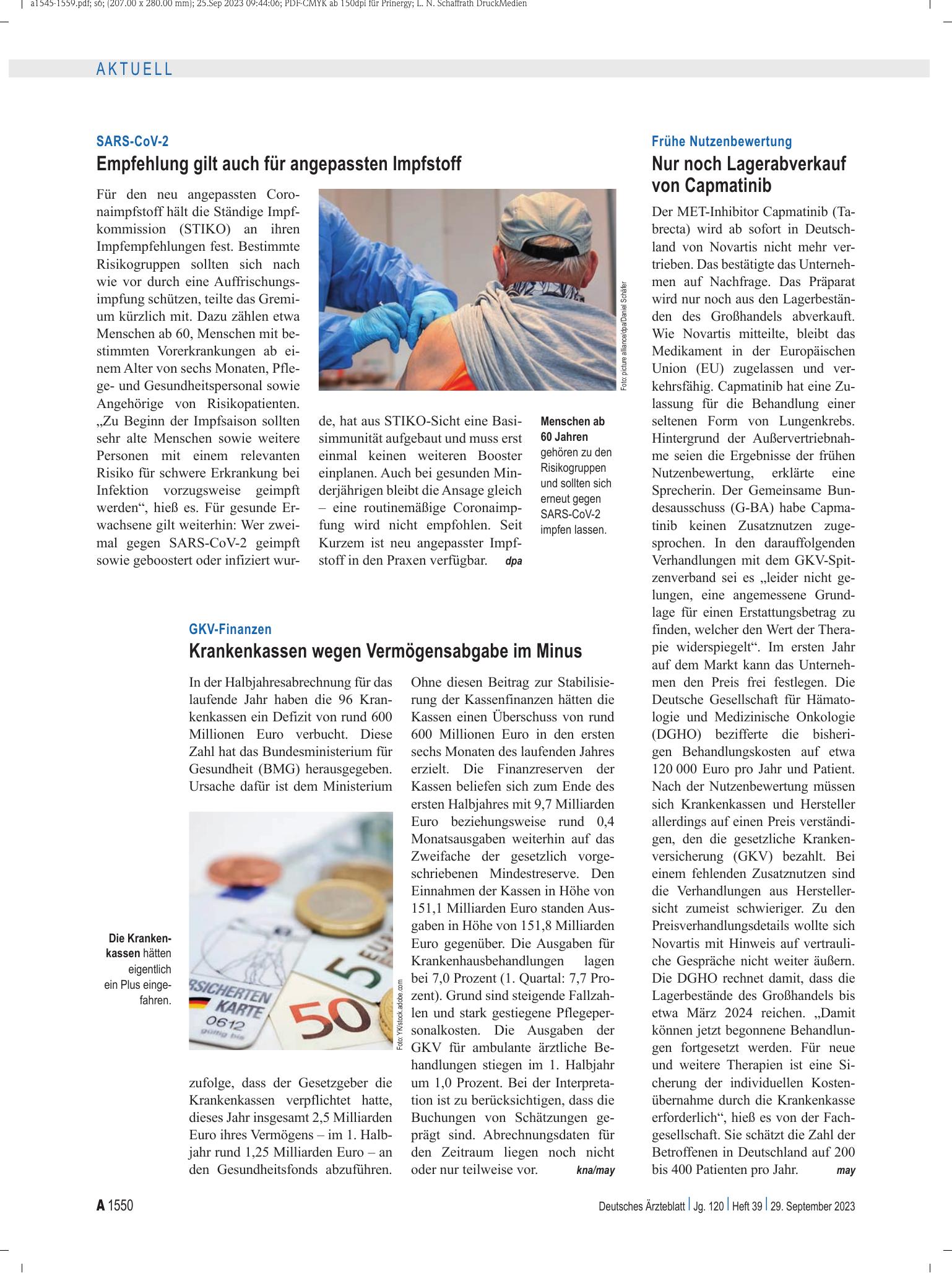 Vorschauseite 1: SARS-CoV-2: Empfehlung gilt auch für angepassten Impfstoff – Deutsches Ärzteblatt