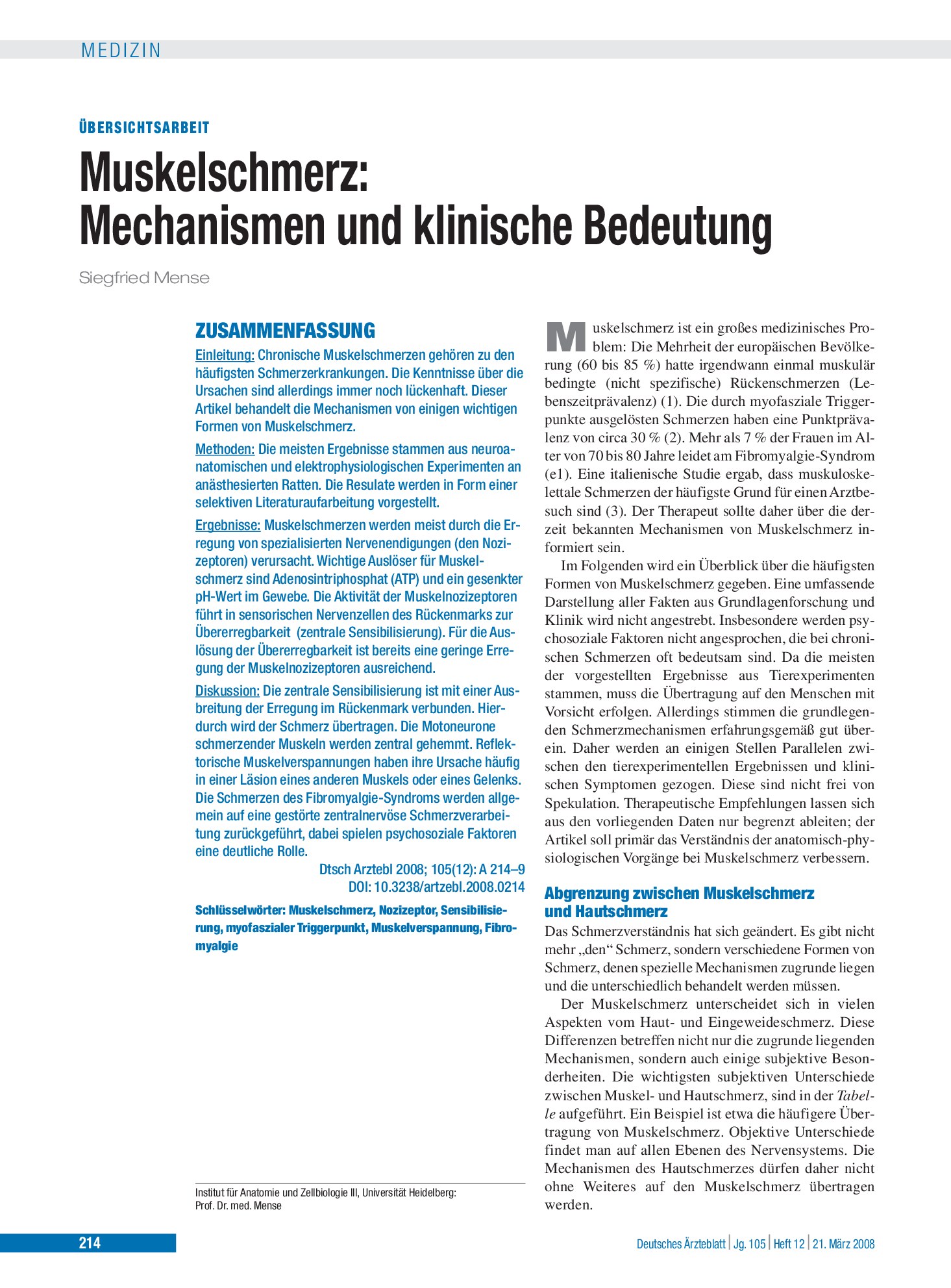 Vorschauseite 1: Muskelschmerz – Deutsches Ärzteblatt
