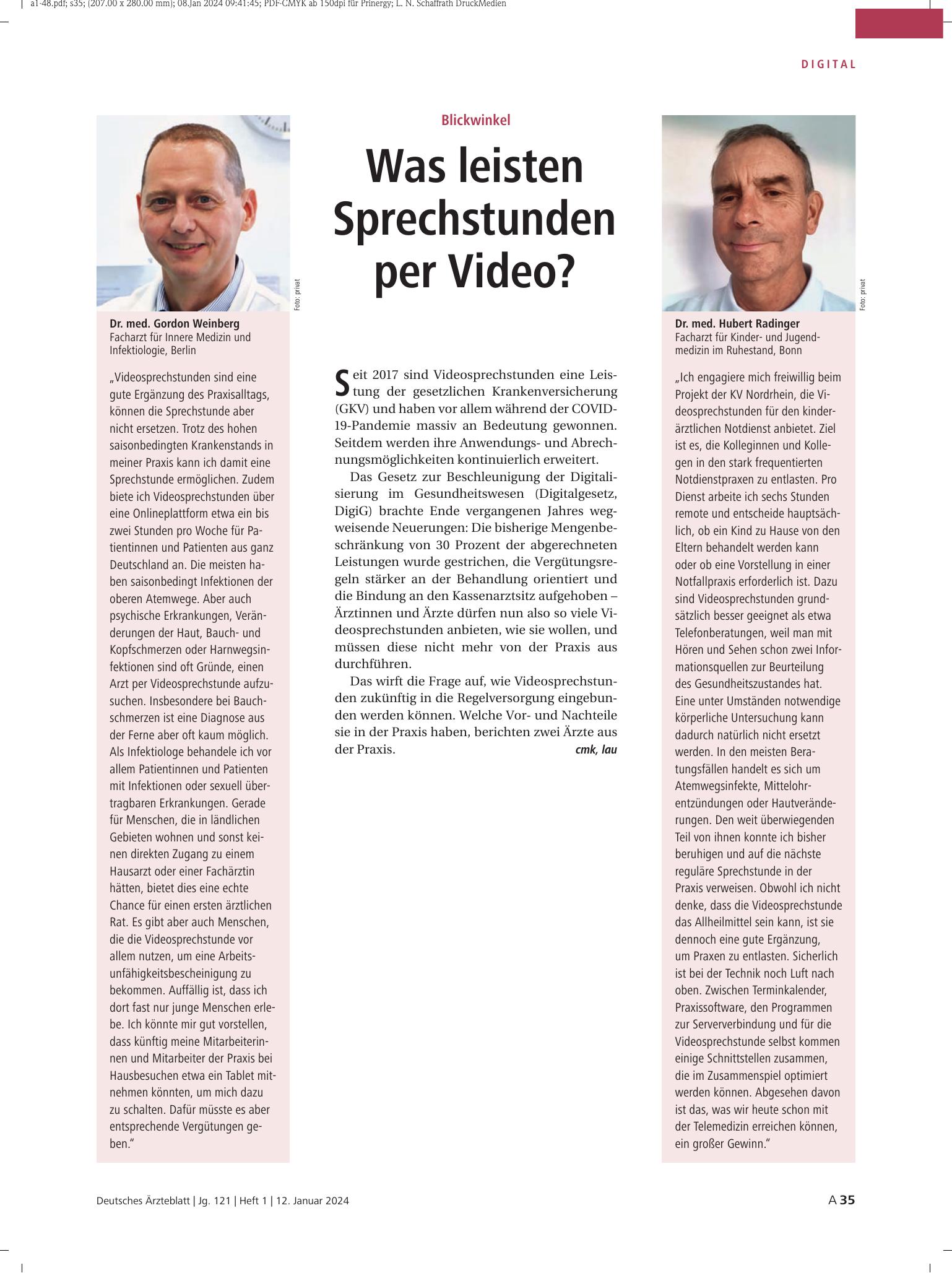 Vorschauseite 1: Blickwinkel: Was leisten Sprechstunden per Video? – Deutsches Ärzteblatt