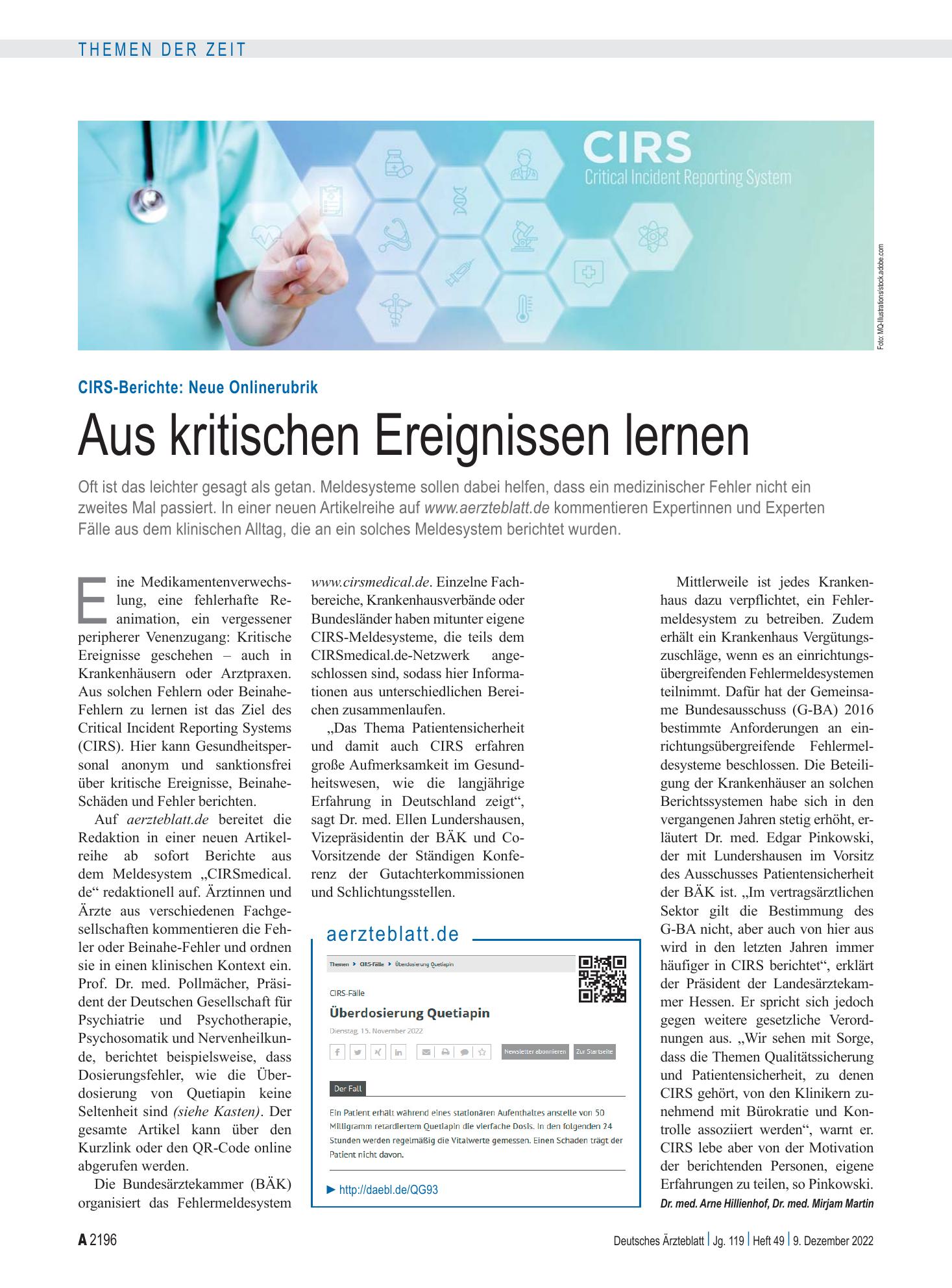 Vorschauseite 1: CIRS-Berichte: Neue Onlinerubrik: Aus kritischen Ereignissen lernen – Deutsches Ärzteblatt