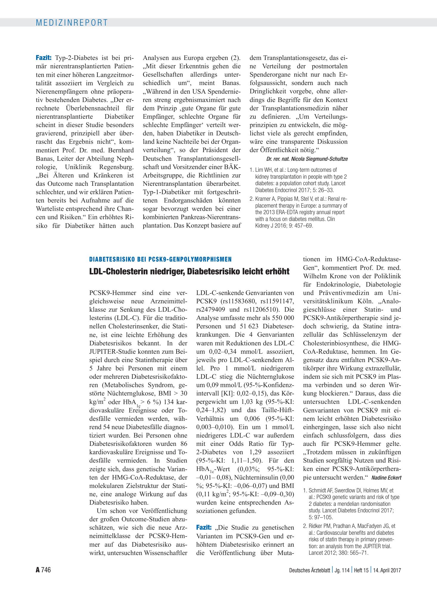 Vorschauseite 1: Diabetesrisiko bei PCsK9-Genpolymorphismen: LDL-Cholesterin niedriger, Diabetesrisiko leicht erhöht – Deutsches Ärzteblatt