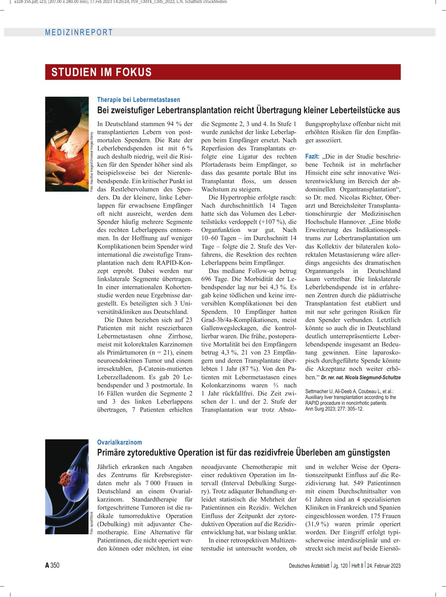 Vorschauseite 1: Ovarialkarzinom: Primäre zytoreduktive Operation ist für das rezidivfreie Überleben am günstigsten – Deutsches Ärzteblatt