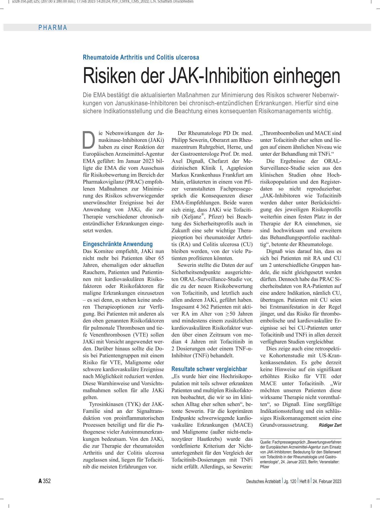 Vorschauseite 1: Rheumatoide Arthritis und Colitis ulcerosa: Risiken der JAK-Inhibition einhegen – Deutsches Ärzteblatt