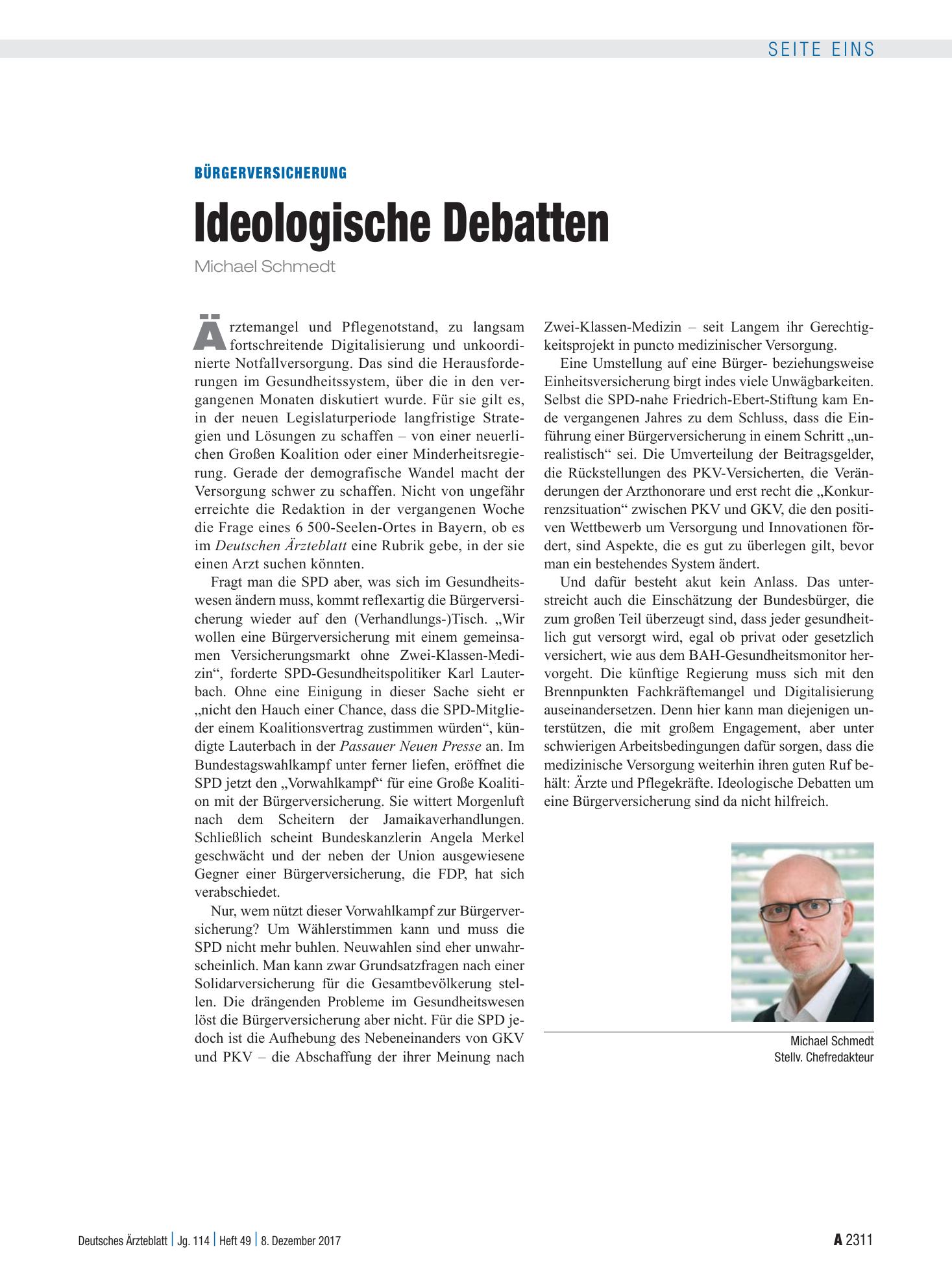 Vorschauseite 1: Bürgerversicherung: Ideologische Debatten – Deutsches Ärzteblatt