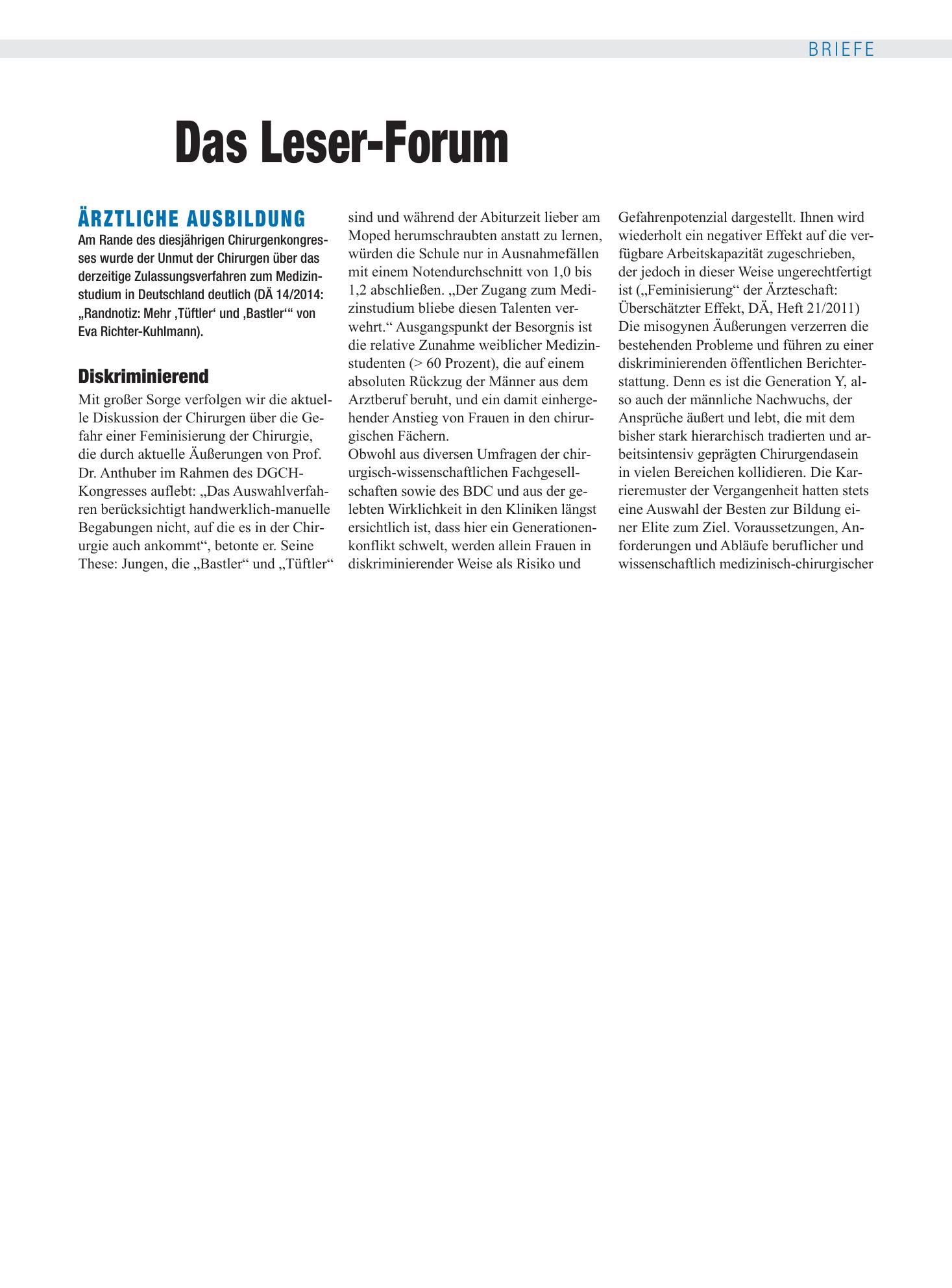 Vorschauseite 1: Ärztliche Ausbildung: Diskriminierend – Deutsches Ärzteblatt