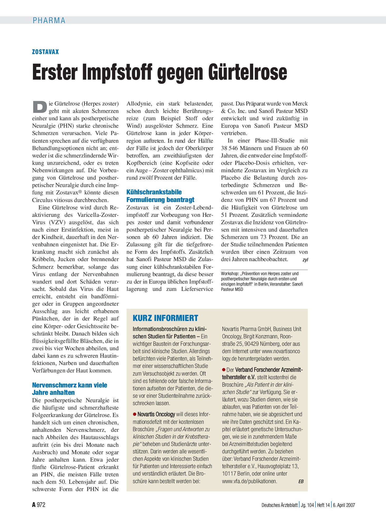 Vorschauseite 1: KURZ INFORMIERT – Deutsches Ärzteblatt