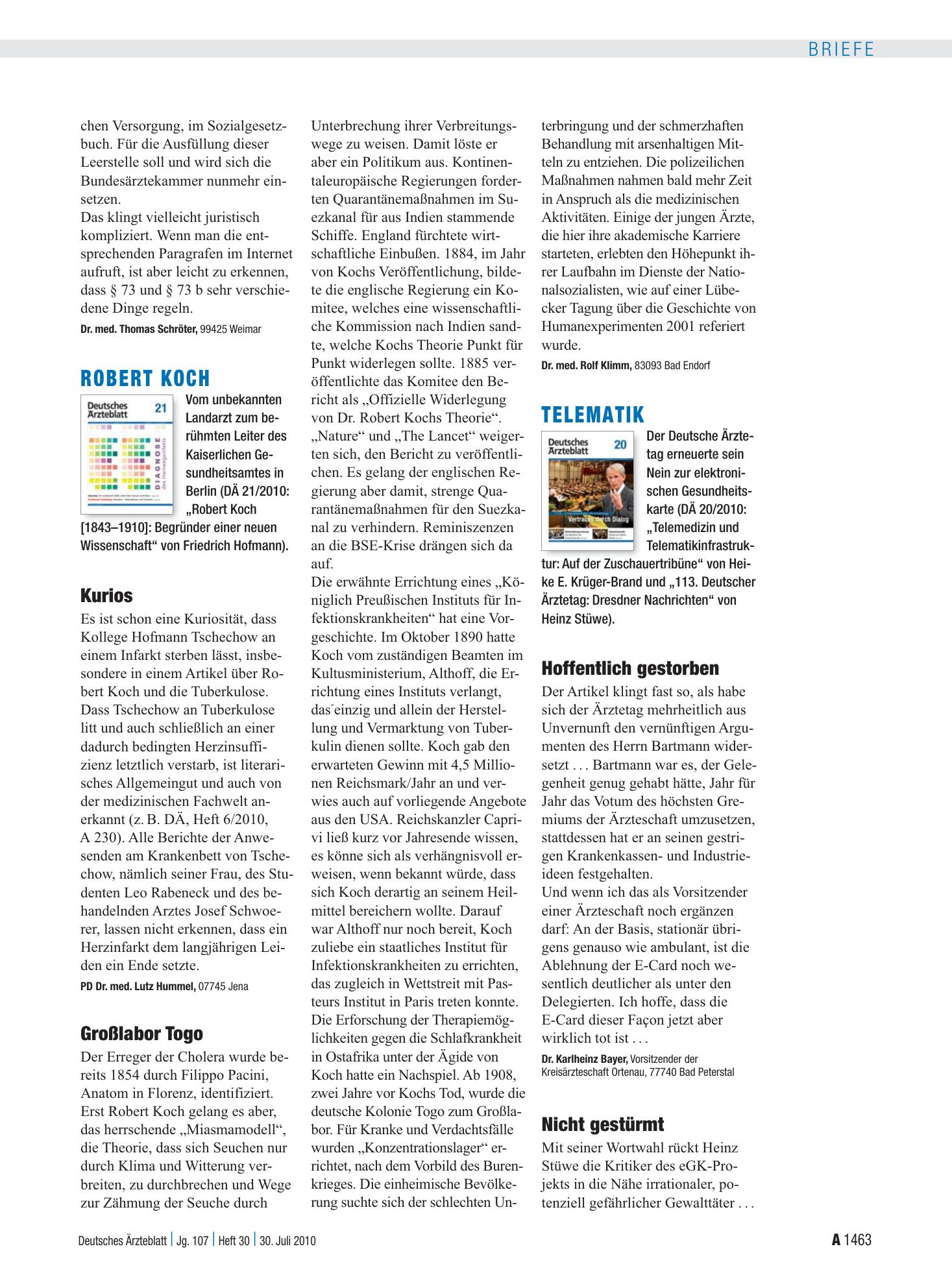 Vorschauseite 1: Robert Koch: Kurios – Deutsches Ärzteblatt