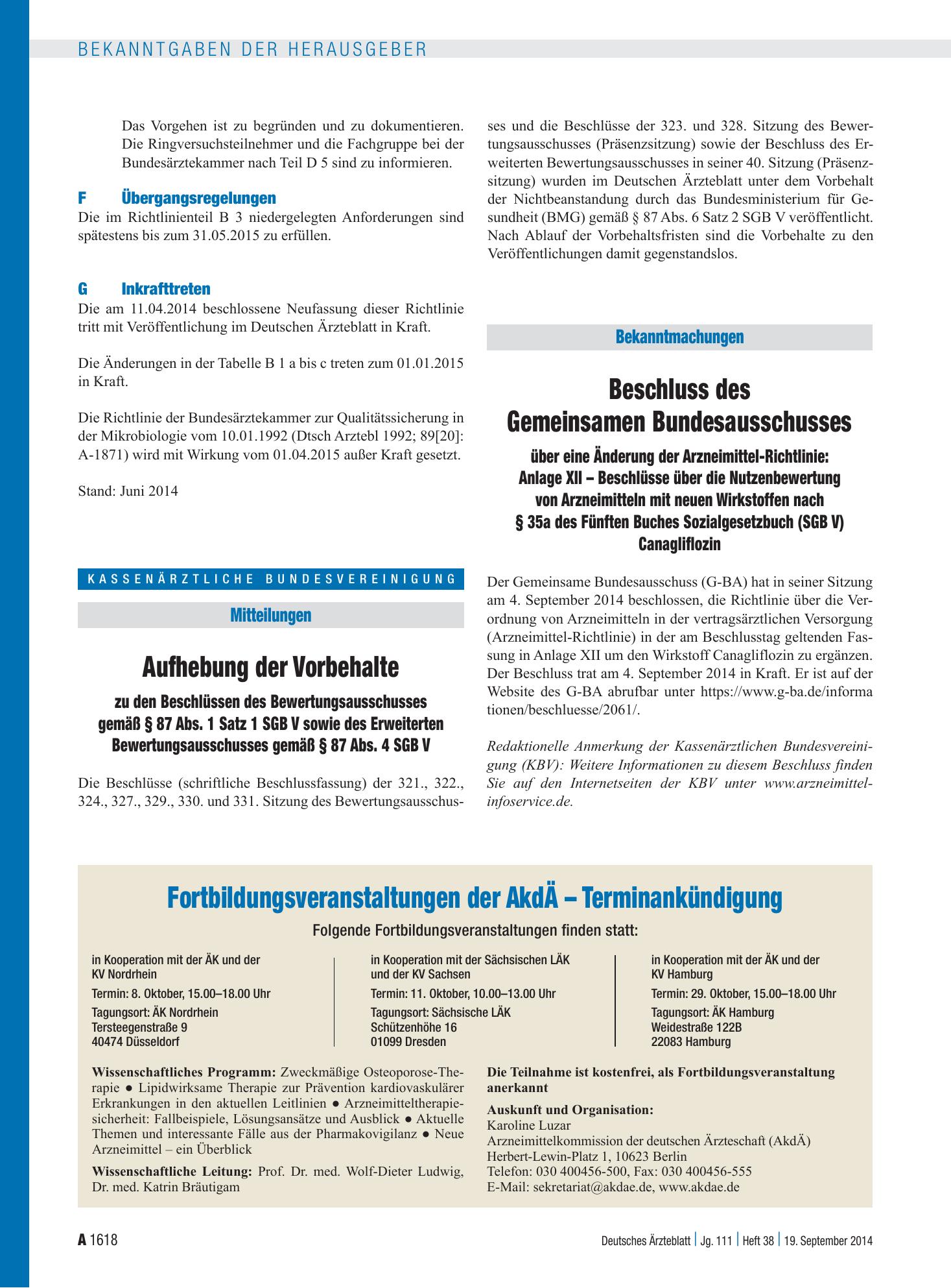 Vorschauseite 1: Aufhebung der Vorbehalte zu den Beschlüssen des Bewertungsausschusses gemäß § 87 Abs. 1 Satz 1 SGB V sowie des Erweiterten Bewertungsausschusses gemäß § 87 Abs. 4 SGB V – Deutsche…