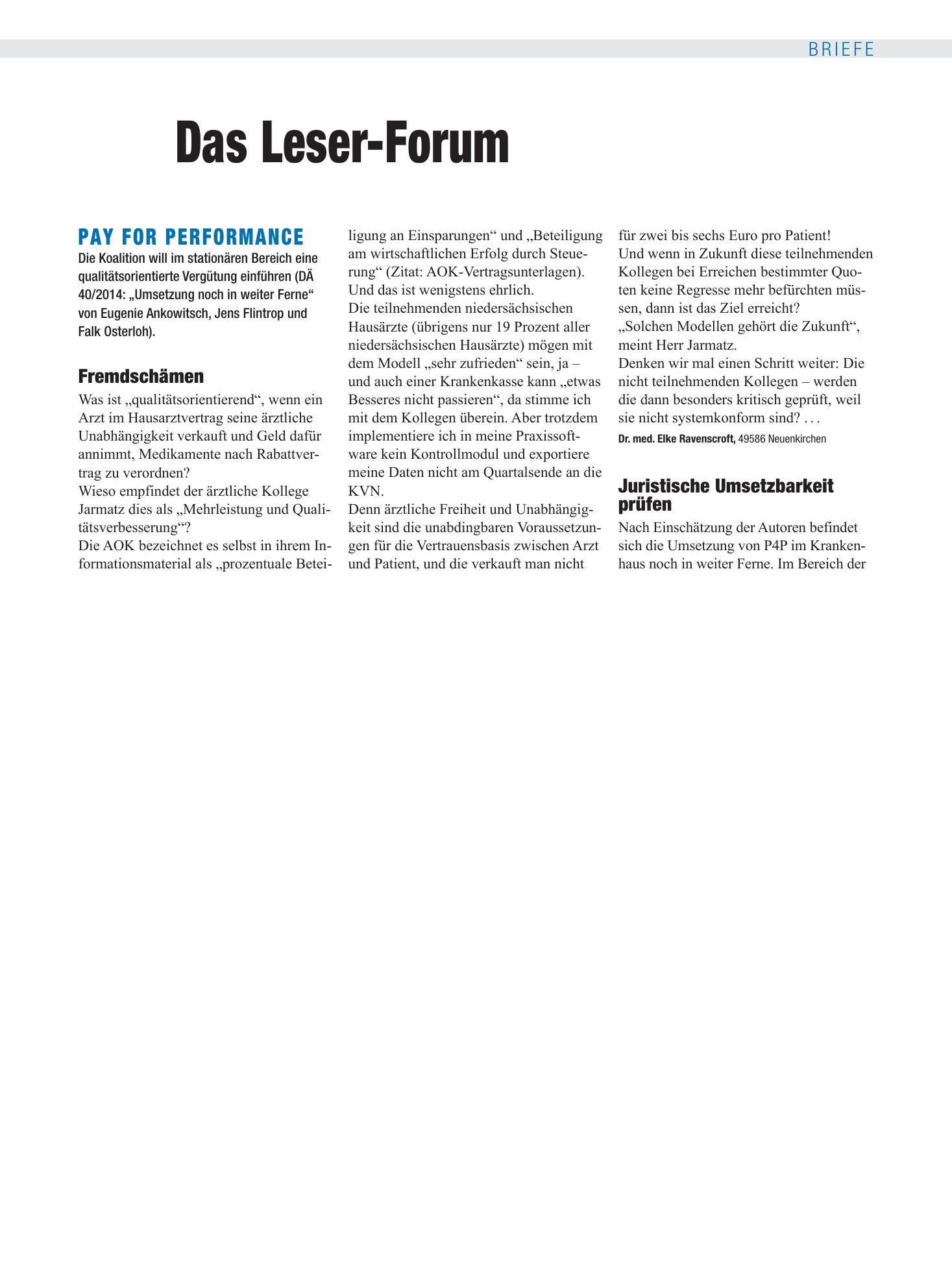 Vorschauseite 1: Pay for Performance: Fremdschämen – Deutsches Ärzteblatt