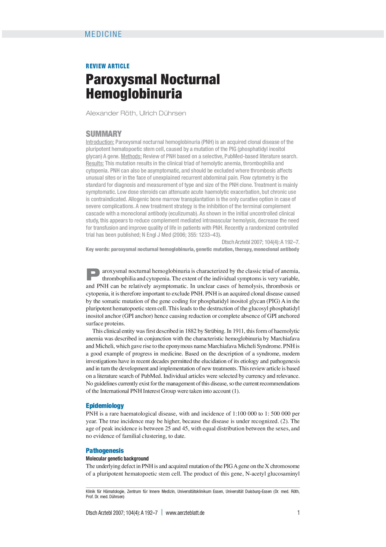 Vorschauseite 1: Paroxysmale nächtliche Hämoglobinurie – Deutsches Ärzteblatt