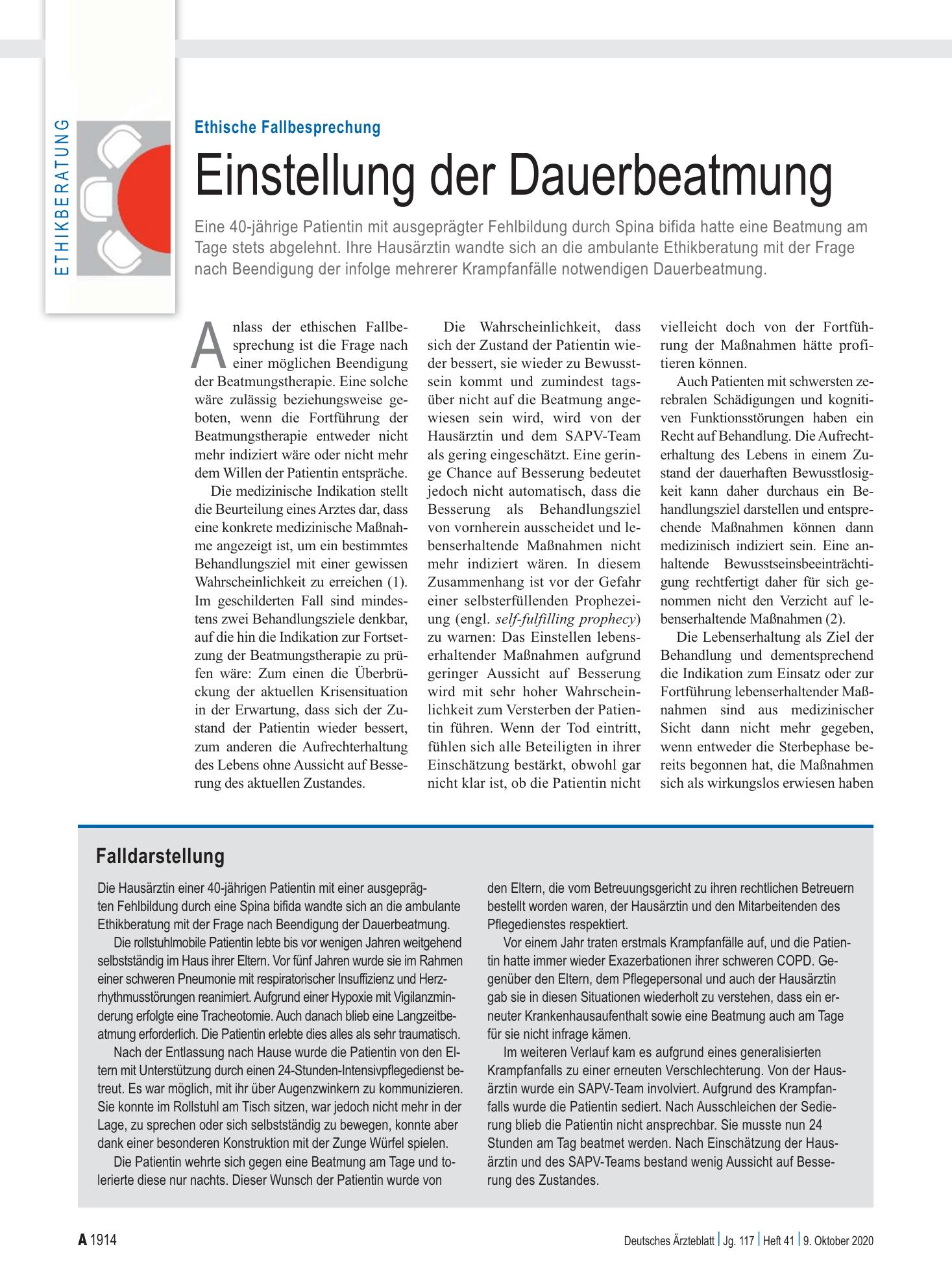 Vorschauseite 1: Ethische Fallbesprechung: Einstellung der Dauerbeatmung – Deutsches Ärzteblatt
