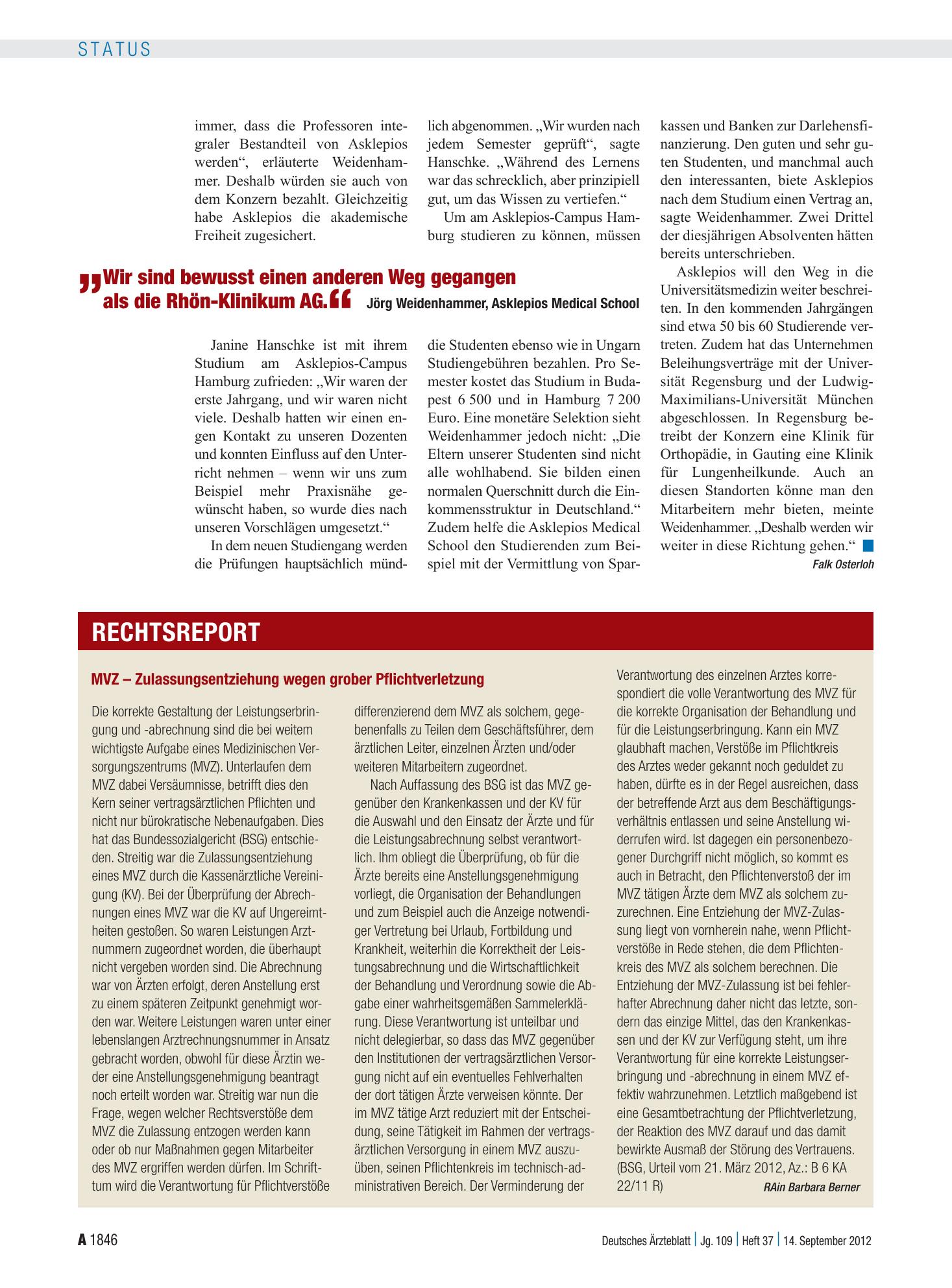 Vorschauseite 1: MVZ – Zulassungsentziehung wegen grober Pflichtverletzung – Deutsches Ärzteblatt