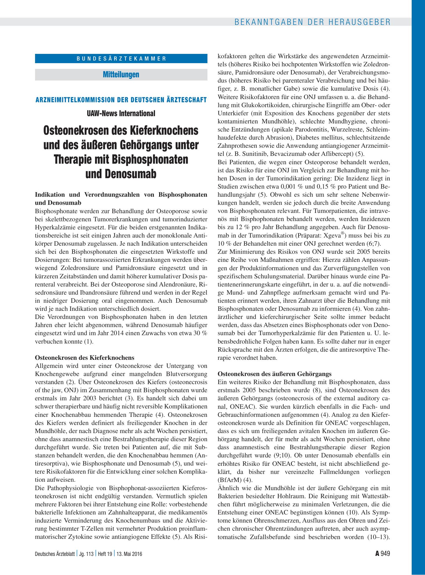 Vorschauseite 1: Arzneimittelkommission der deutschen Ärzteschaft – UAW-News International: Osteonekrosen des Kieferknochens und des äußeren Gehörgangs unter Therapie mit Bisphosphonaten und Denos…