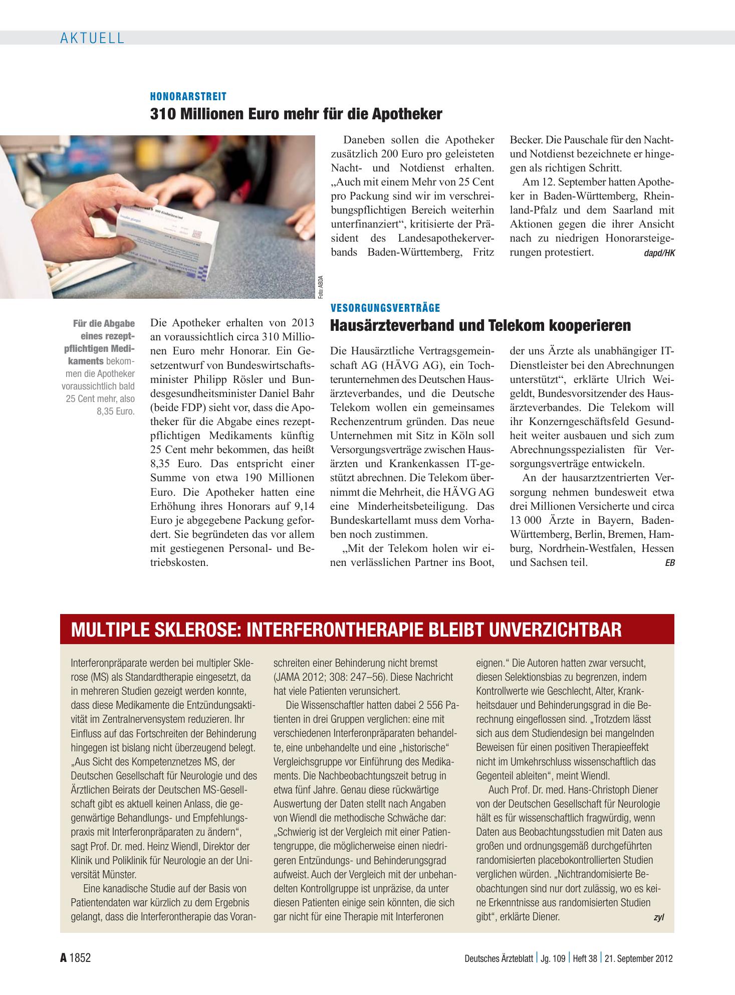 Vorschauseite 1: Multiple Sklerose: Interferontherapie bleibt unverzichtbar – Deutsches Ärzteblatt