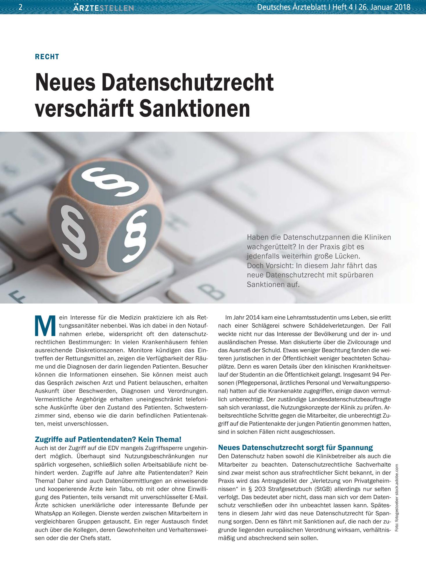 Vorschauseite 1: Recht: Neues Datenschutzrecht verschärft Sanktionen – Deutsches Ärzteblatt