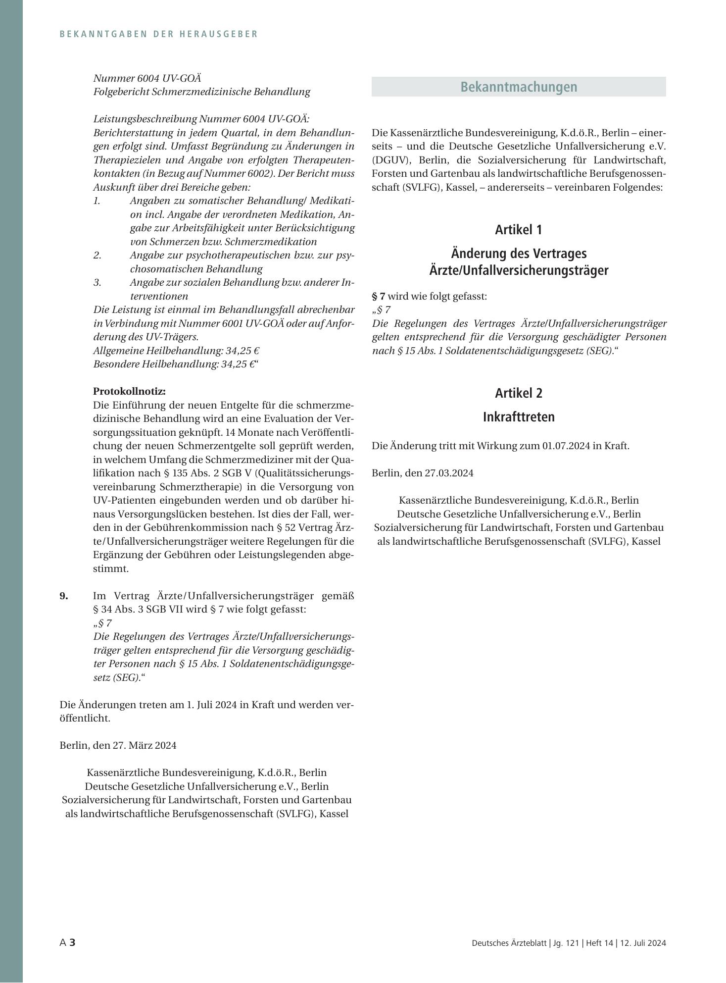 Vorschauseite 1: Änderung des Vertrages Ärzte/Unfallversicherungsträger – Deutsches Ärzteblatt
