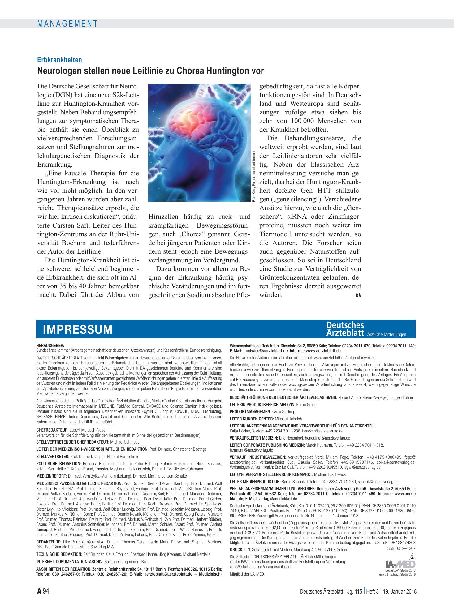 Vorschauseite 1: Erbkrankheiten: Neurologen stellen neue Leitlinie zu Chorea Huntington vor – Deutsches Ärzteblatt