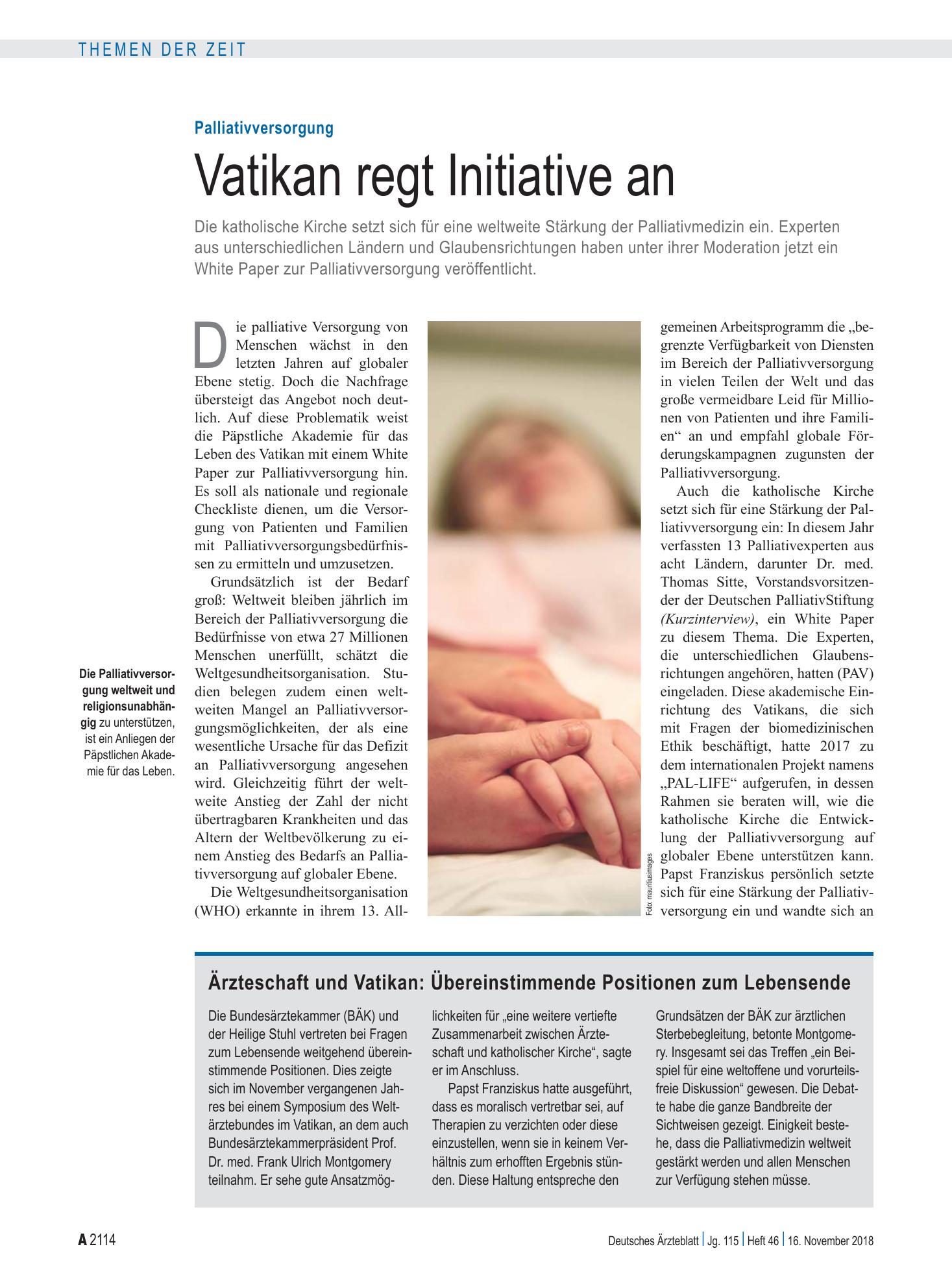 Vorschauseite 1: Palliativversorgung: Vatikan regt Initiative an – Deutsches Ärzteblatt