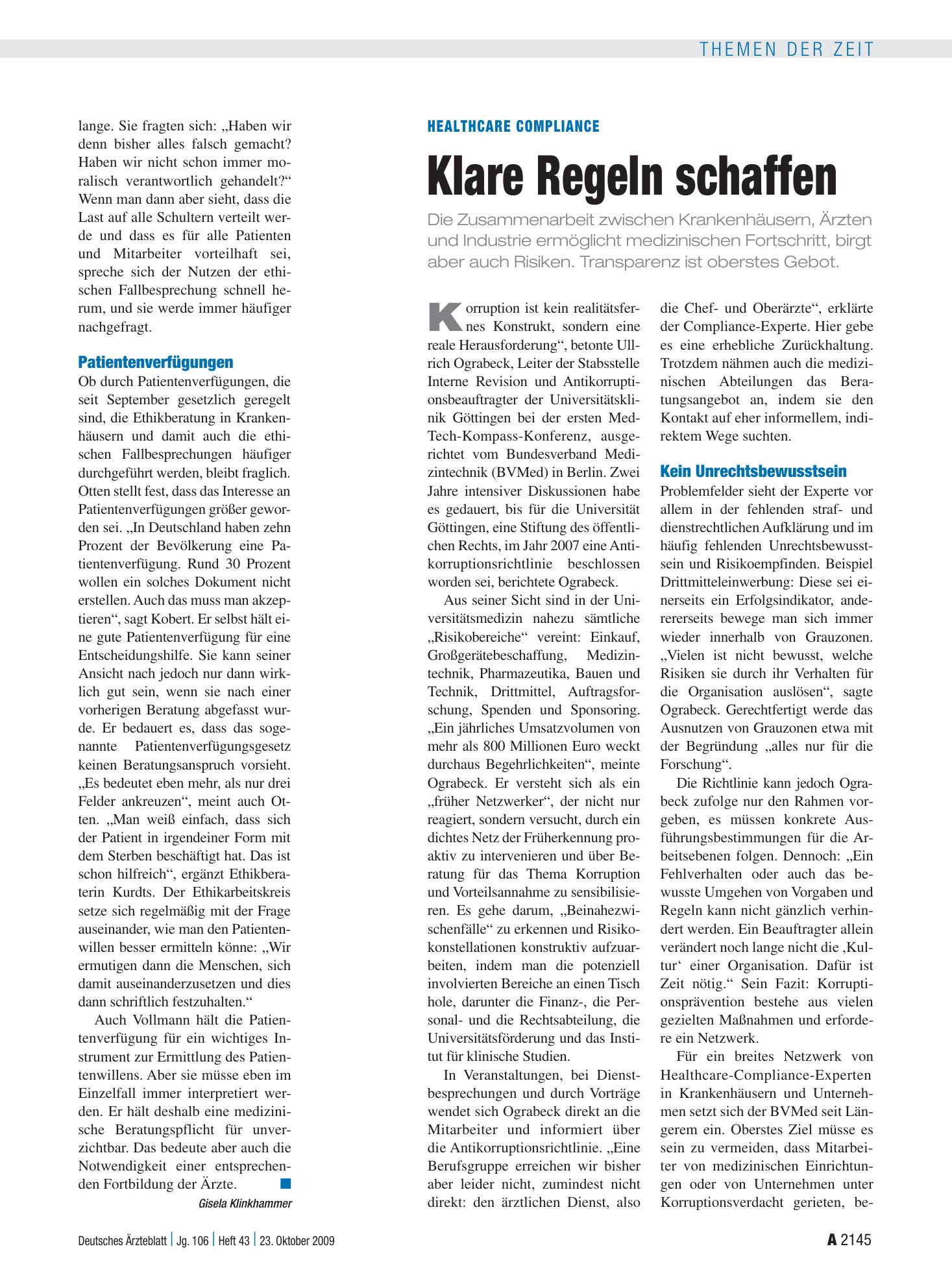 Vorschauseite 1: Healthcare Compliance: Klare Regeln schaffen – Deutsches Ärzteblatt