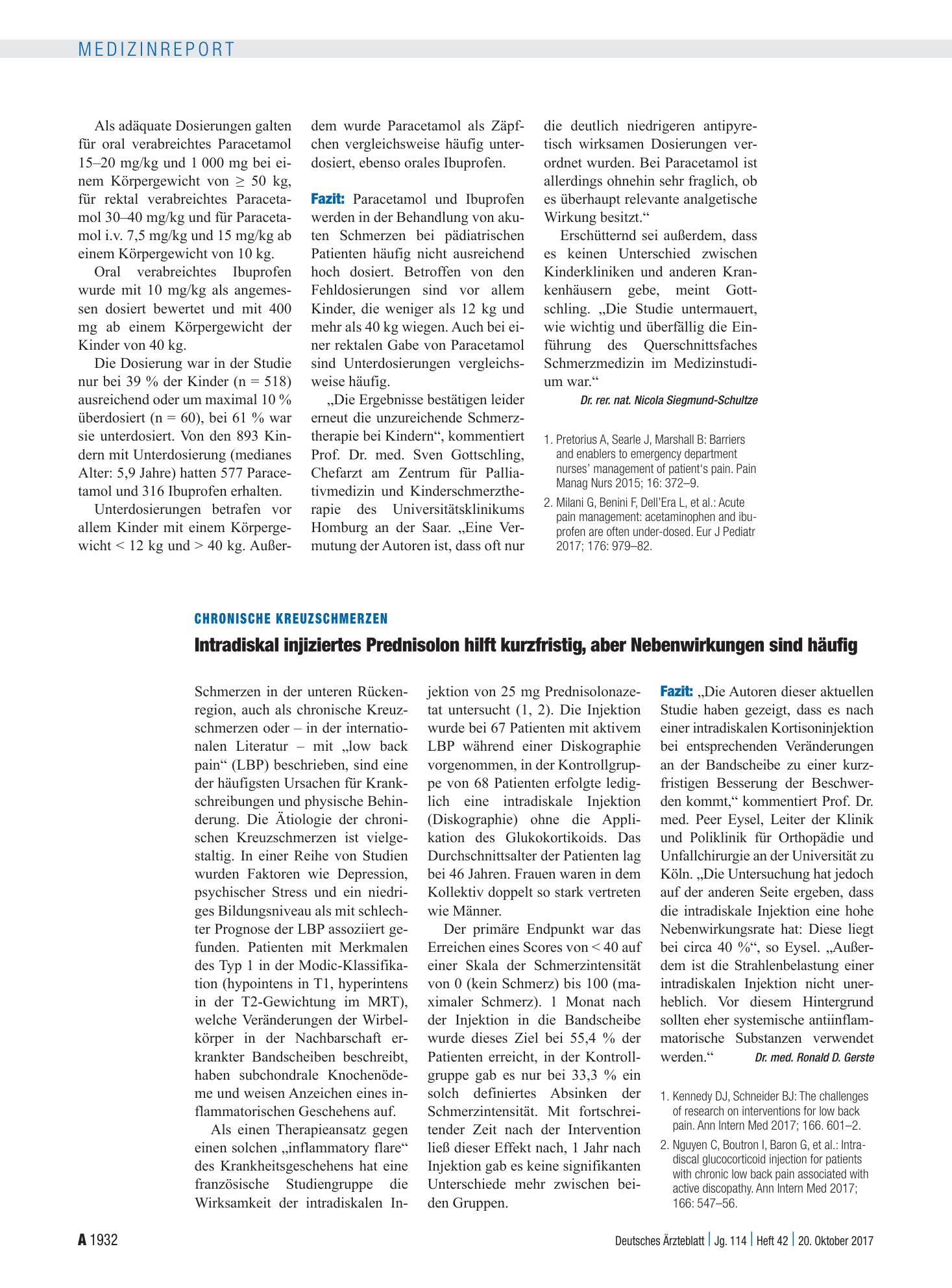 Vorschauseite 1: Chronische Kreuzschmerzen: Intradiskal injiziertes Prednisolon hilft kurzfristig, aber Nebenwirkungen sind häufig – Deutsches Ärzteblatt