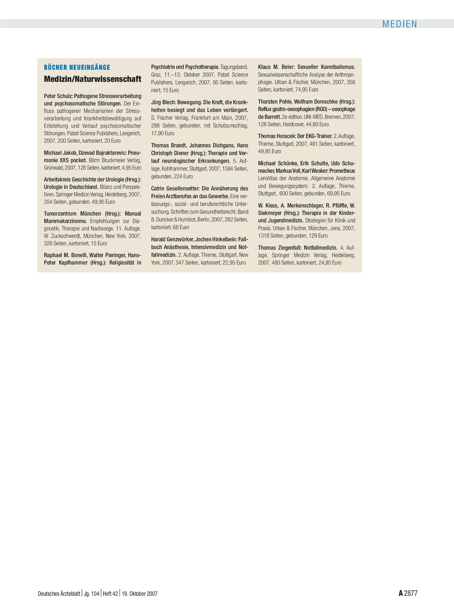 Vorschauseite 1: Bücher Neueingänge: Medizin/Naturwissenschaft – Deutsches Ärzteblatt