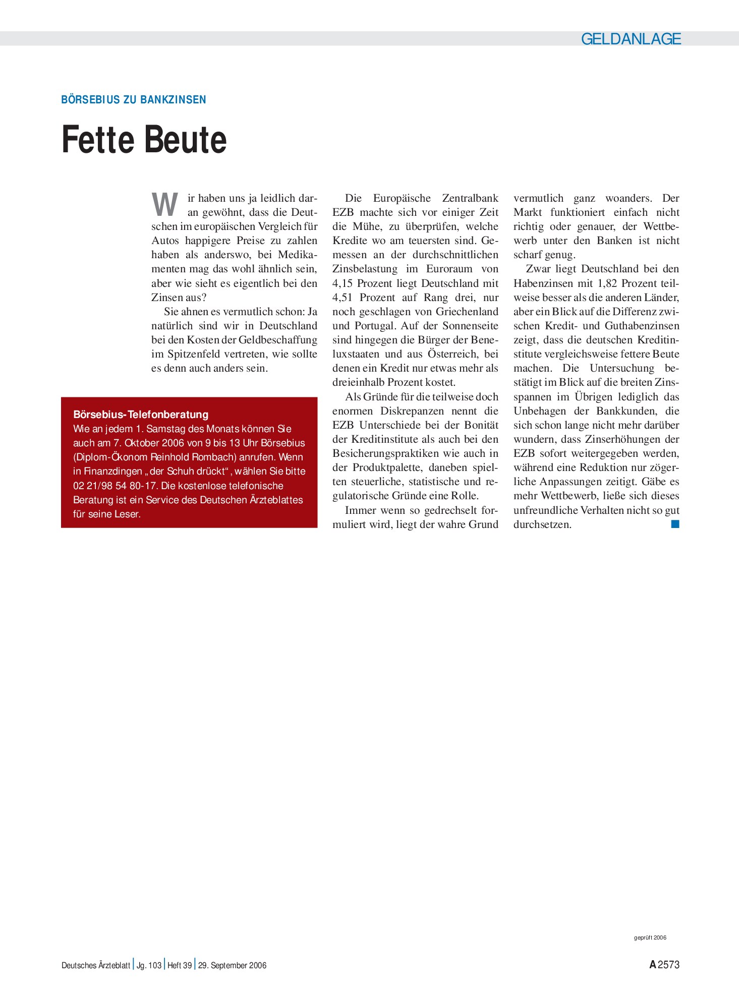 Vorschauseite 1: Börsebius zu Bankzinsen: Fette Beute – Deutsches Ärzteblatt
