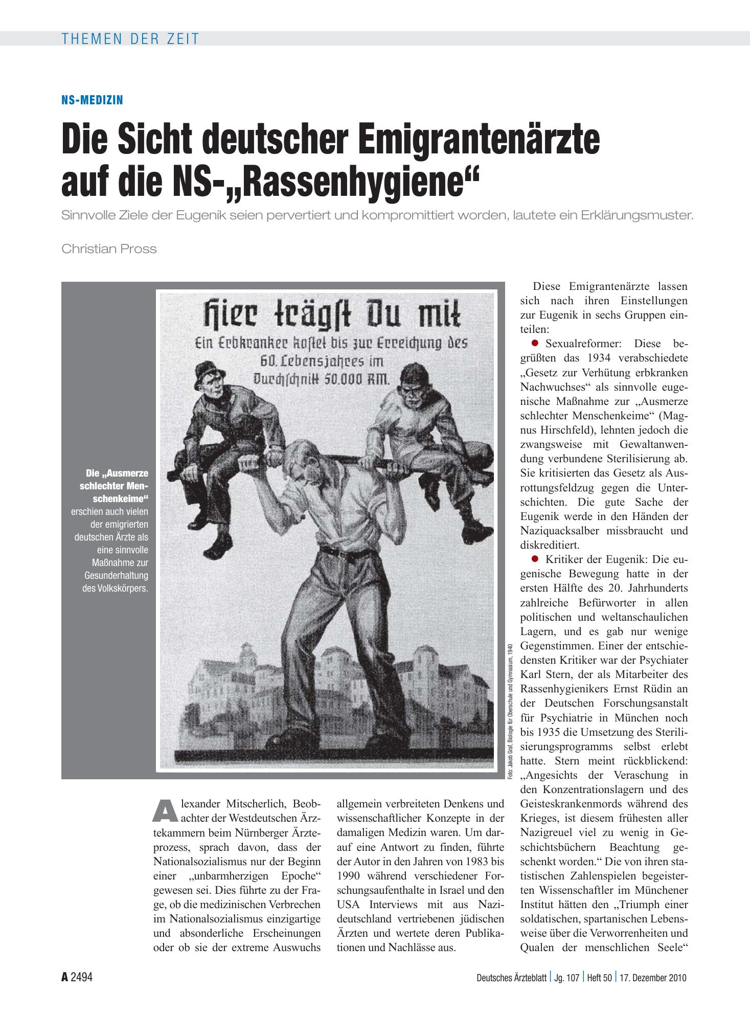 Vorschauseite 1: NS-Medizin: Die Sicht deutscher Emigrantenärzte auf die NS-„Rassenhygiene“ – Deutsches Ärzteblatt