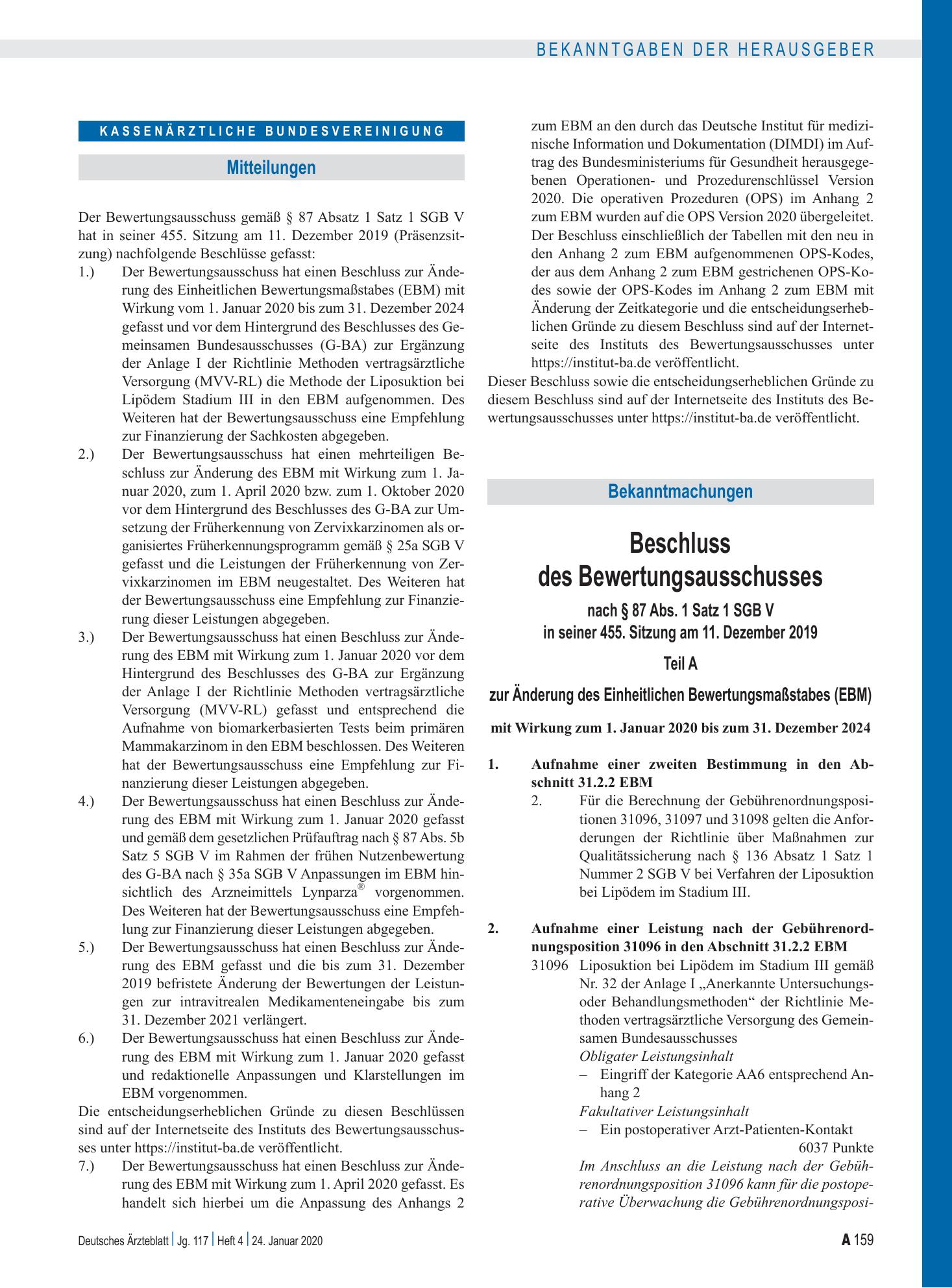 Vorschauseite 1: Beschluss des Bewertungsausschusses nach § 87 Abs. 1 Satz 1 SGB V in seiner 455. Sitzung am 11. Dezember 2019: Teil A, Teil B, Teil C, Teil D, Teil E, Teil F – Deutsches Ärzteblatt
