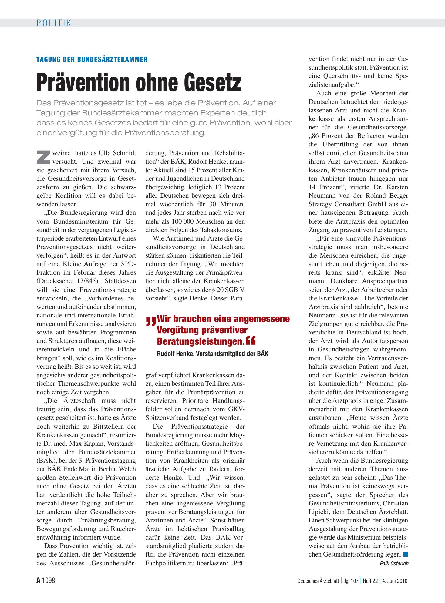 Vorschauseite 1: Tagung der Bundesärztekammer: Prävention ohne Gesetz – Deutsches Ärzteblatt