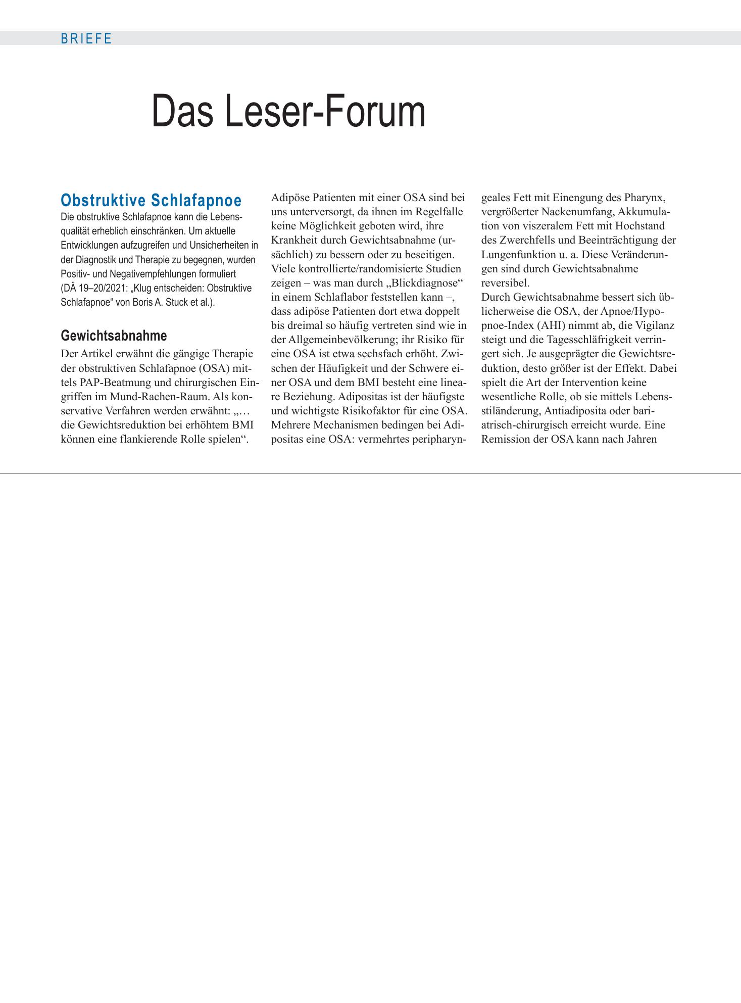 Vorschauseite 1: Obstruktive Schlafapnoe: Gewichtsabnahme – Deutsches Ärzteblatt