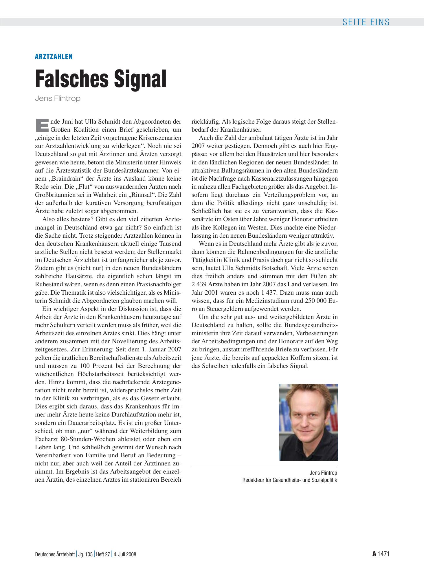 Vorschauseite 1: Arztzahlen: Falsches Signal – Deutsches Ärzteblatt