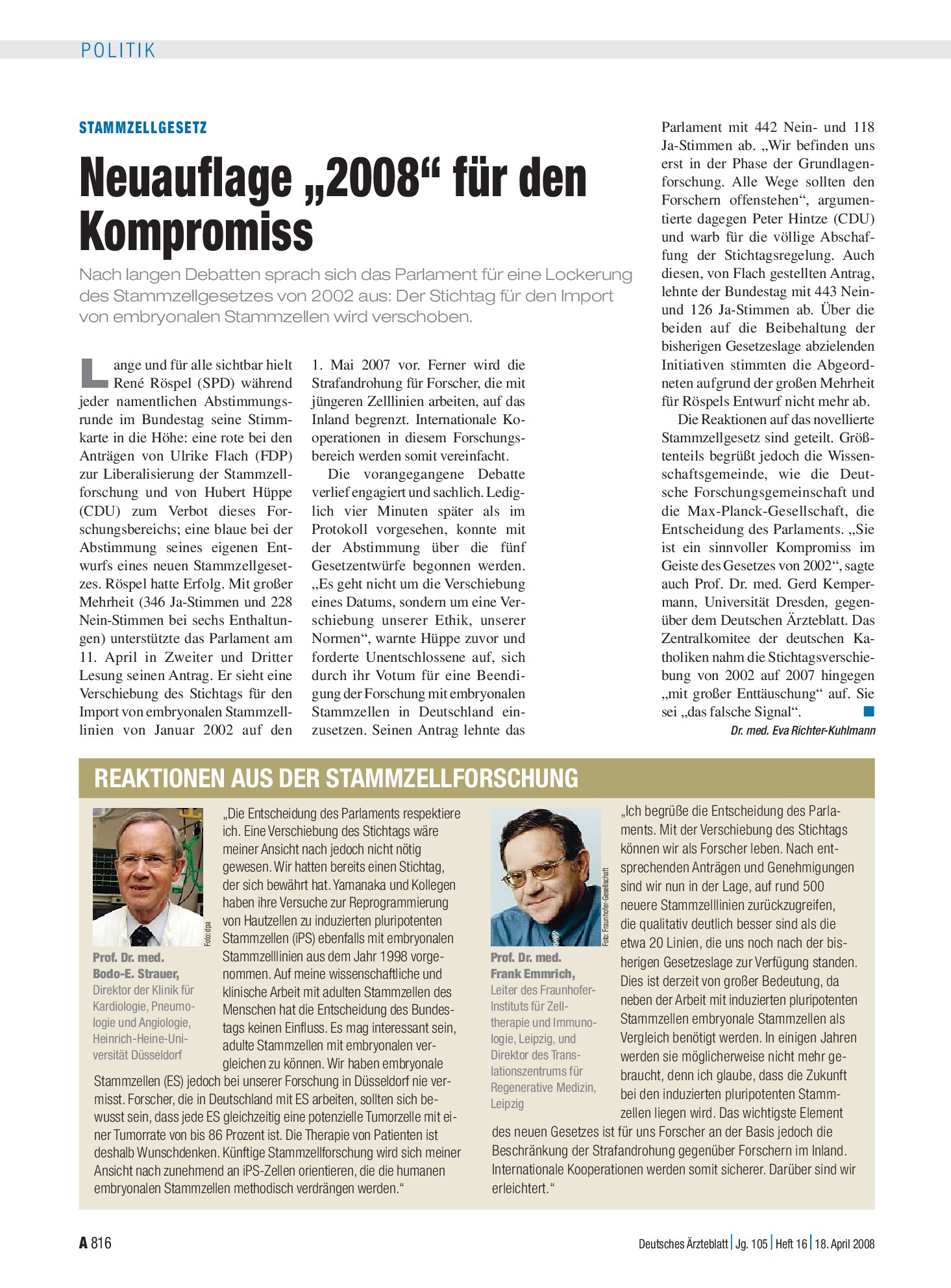 Vorschauseite 1: Stammzellgesetz: Neuauflage „2008“ für den Kompromiss – Deutsches Ärzteblatt