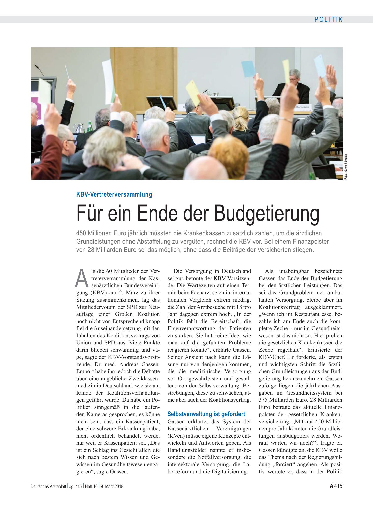 Vorschauseite 1: KBV-Vertreterversammlung: Für ein Ende der Budgetierung – Deutsches Ärzteblatt