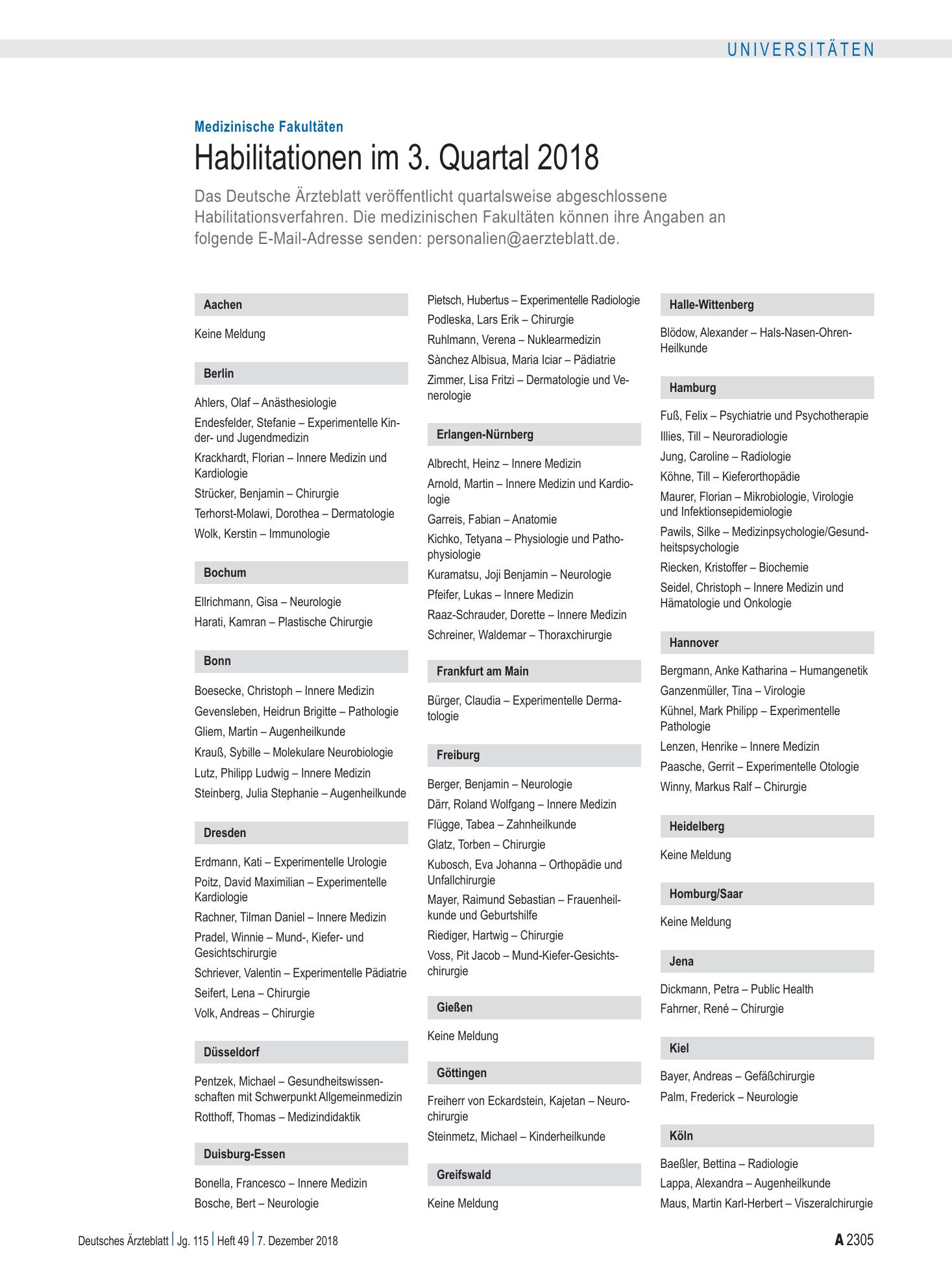 Vorschauseite 1: Medizinische Fakultäten: Habilitationen im 3. Quartal 2018 – Deutsches Ärzteblatt