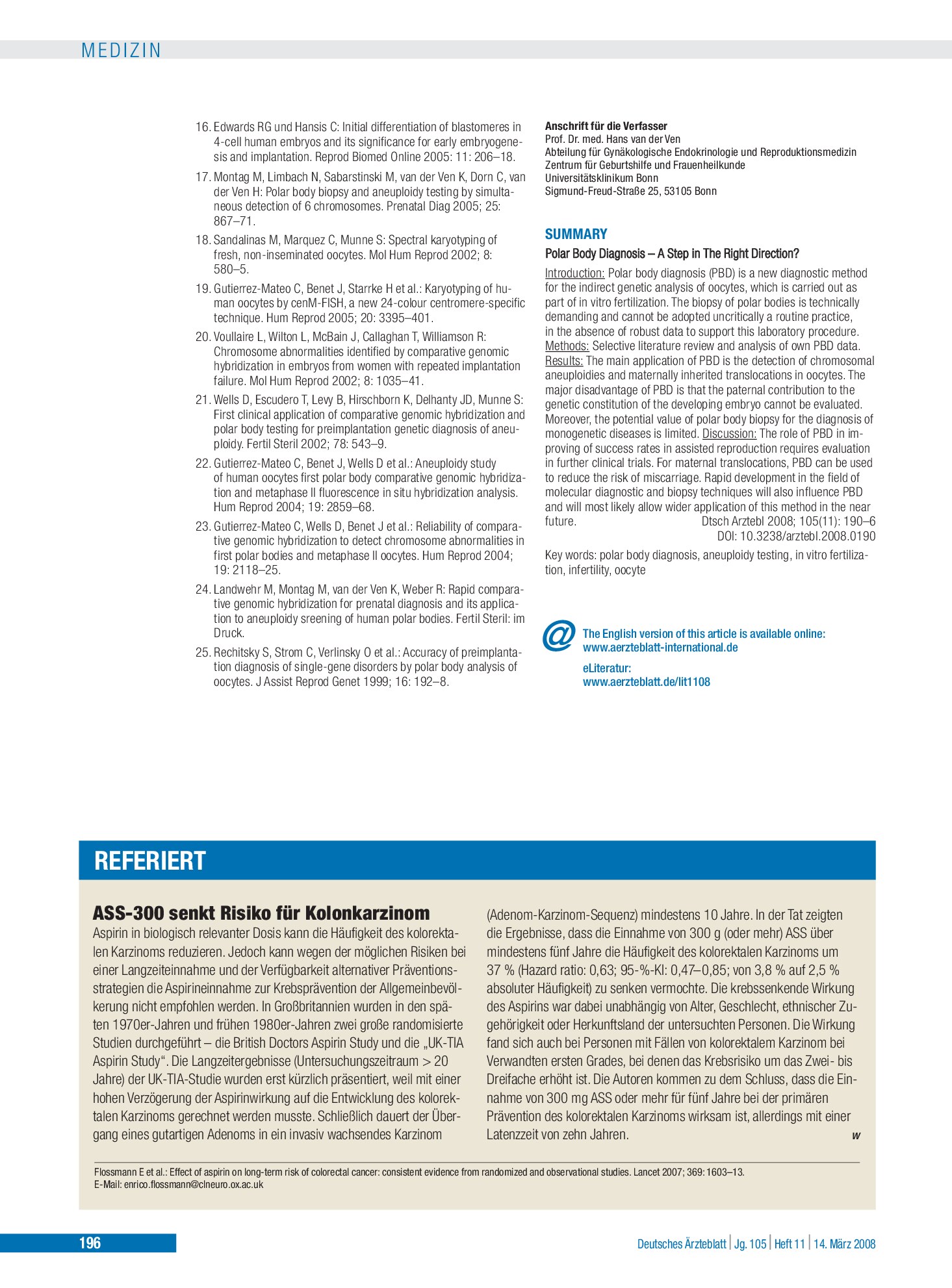 Vorschauseite 1: ASS-300 senkt Risiko für Kolonkarzinom – Deutsches Ärzteblatt